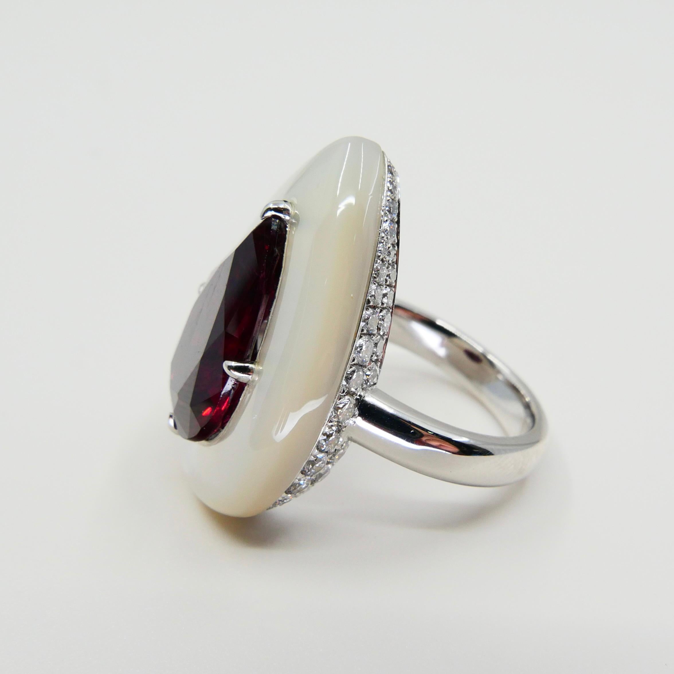 GIA Certified 6.50 Cts No Heat Red Spinel, Mother of Pearl & Diamond Ring 4