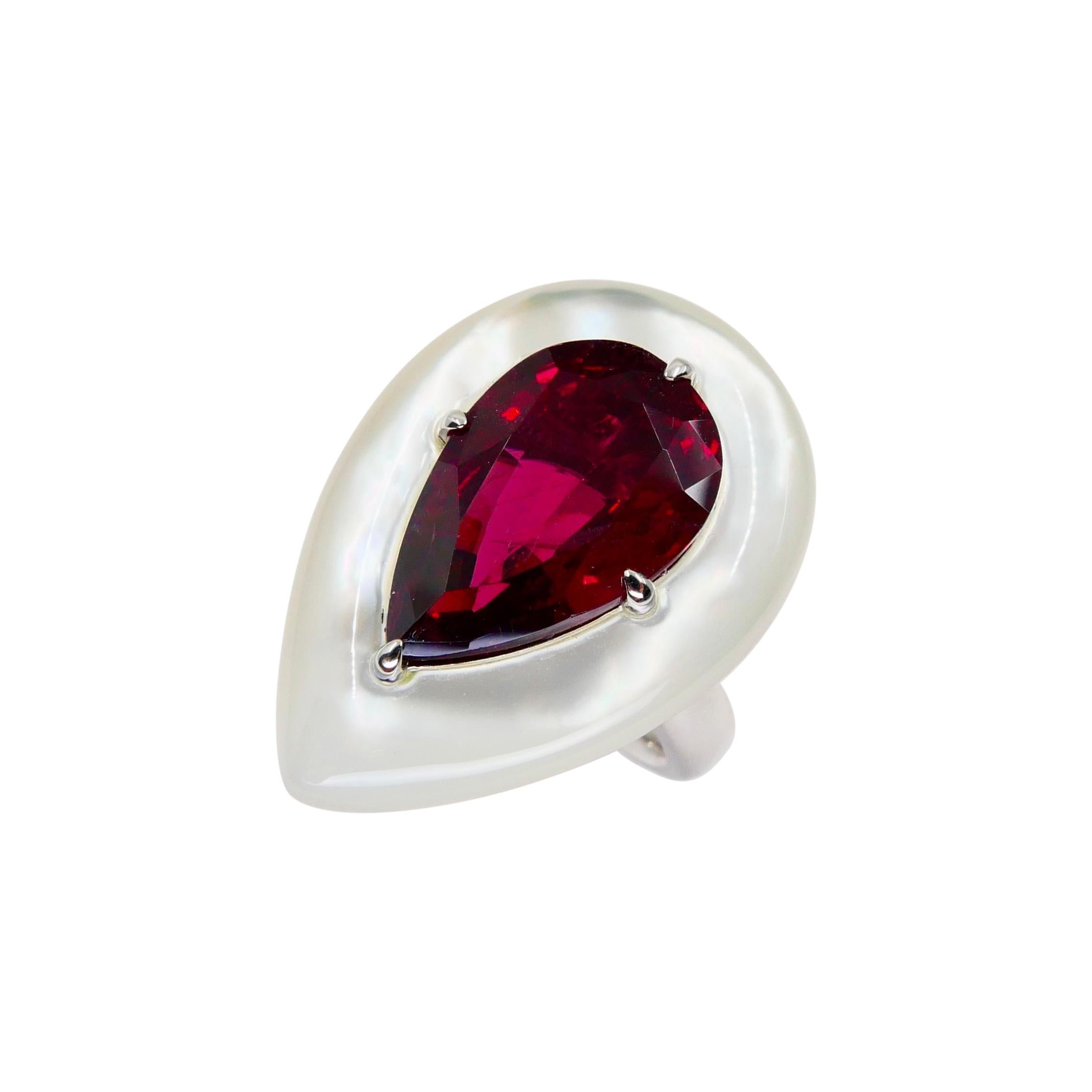 GIA Certified 6.50 Cts No Heat Red Spinel, Mother of Pearl & Diamond Ring