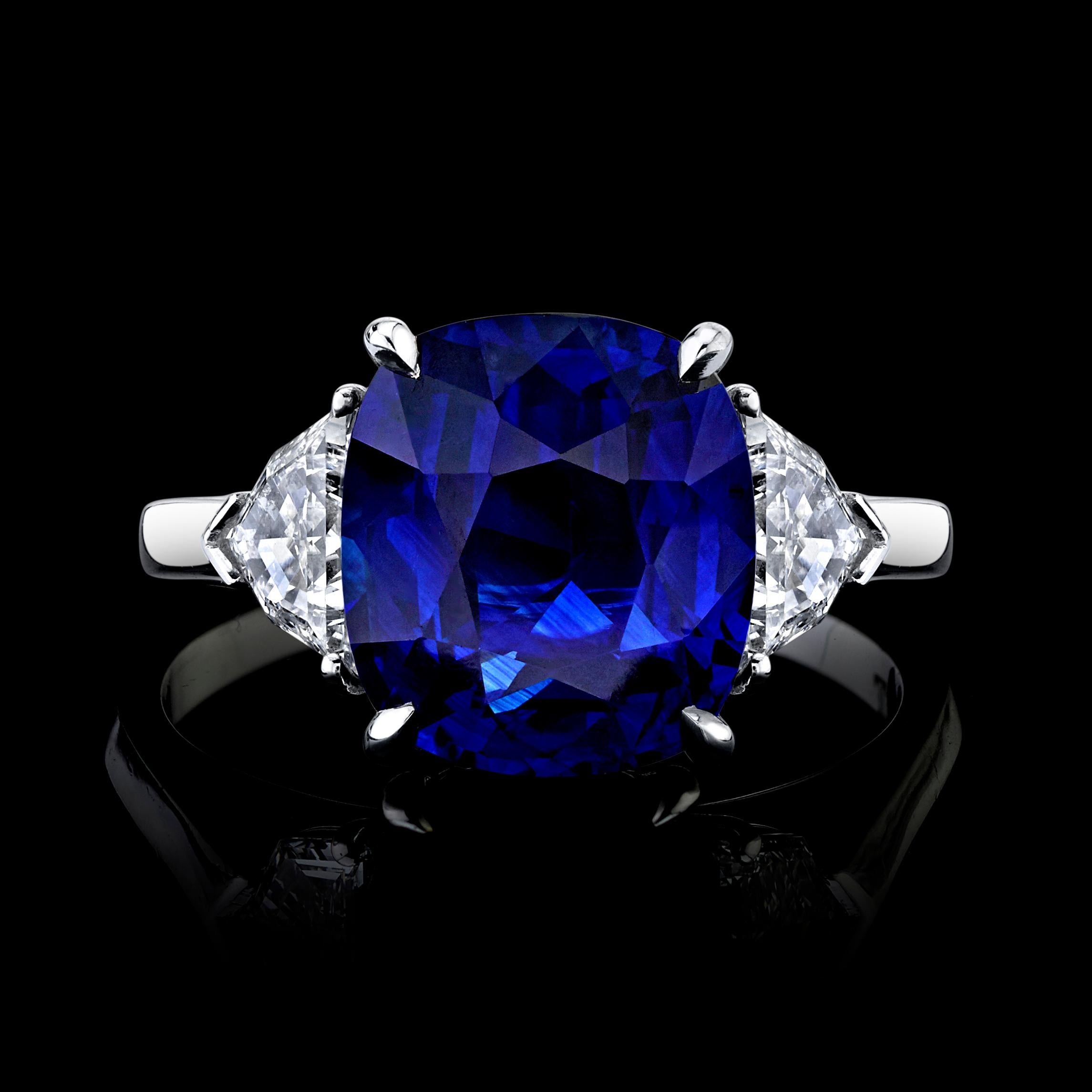 GIA Certified 6.51 Carat Cushion Deep Blue Sapphire and Diamond Ring In New Condition For Sale In Calabasas, CA
