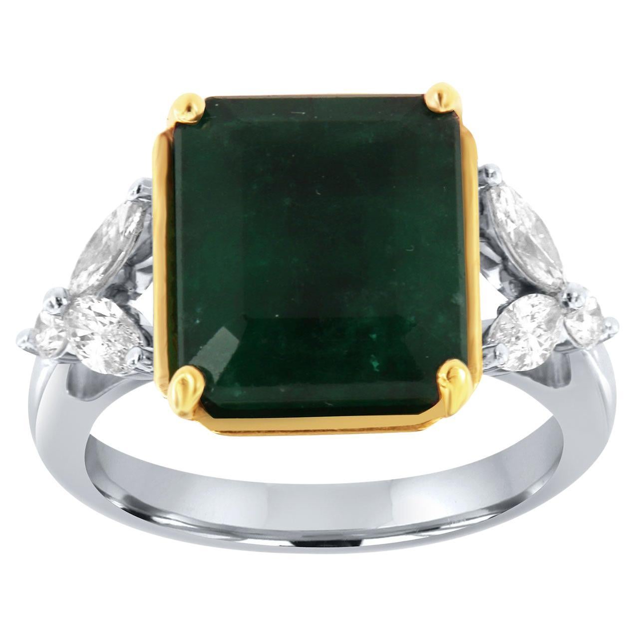 Bague en platine et or jaune 18 carats diamant certifié GIA de 6,53 carats d'émeraude verte