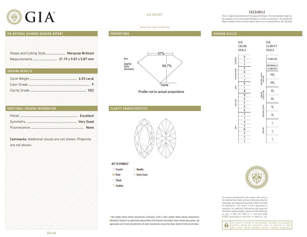 GIA Certified 6.53 Carat Marquise Cut Diamond Ring In New Condition For Sale In Chicago, IL