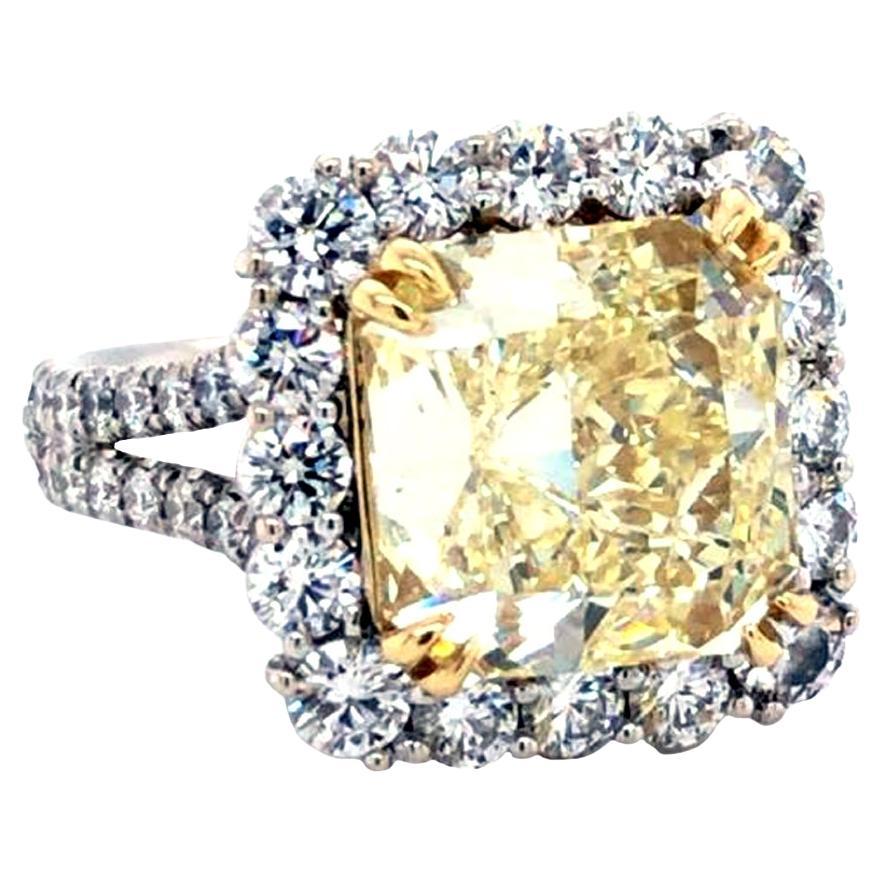 GIA Certified 6.54 Carat Fancy Light Yellow Cushion Cut 18K Gold Diamond Ring For Sale