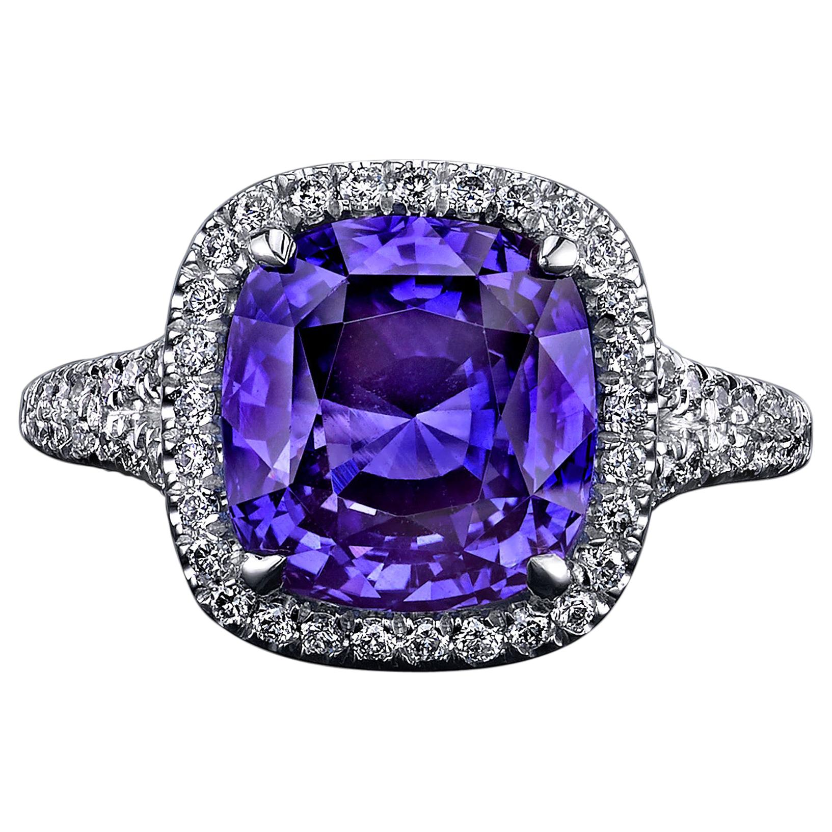 GIA Certified 6.56 Carat Cushion Violet Blue Sapphire and Diamond Ring For Sale