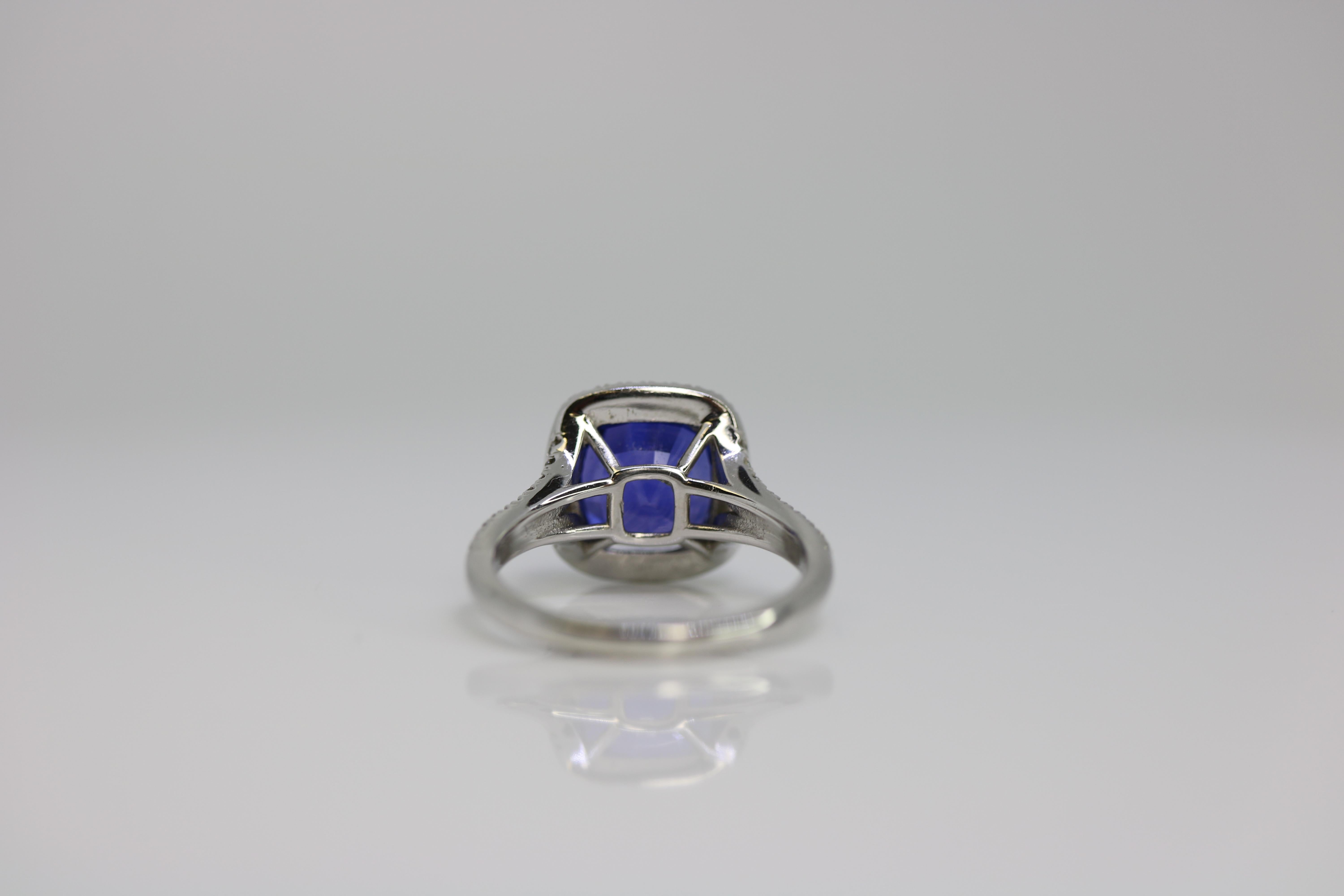GIA Certified 6.56 Carat Cushion Violet Blue Sapphire and Diamond Ring In New Condition For Sale In Calabasas, CA