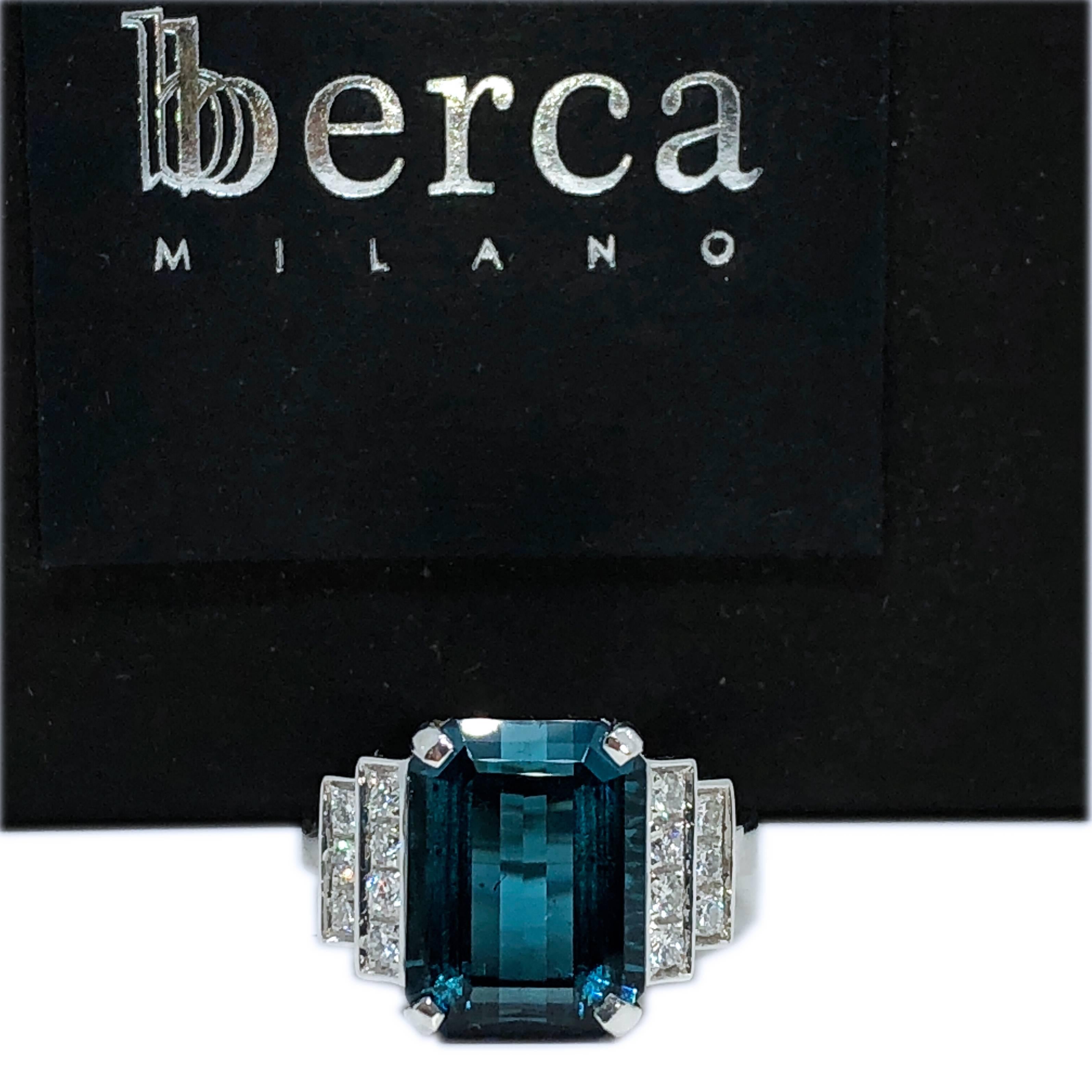 Contemporary Berca GIA Certified 6.58 Karat Octagonal Cut Blue Tourmaline White Diamond Ring For Sale