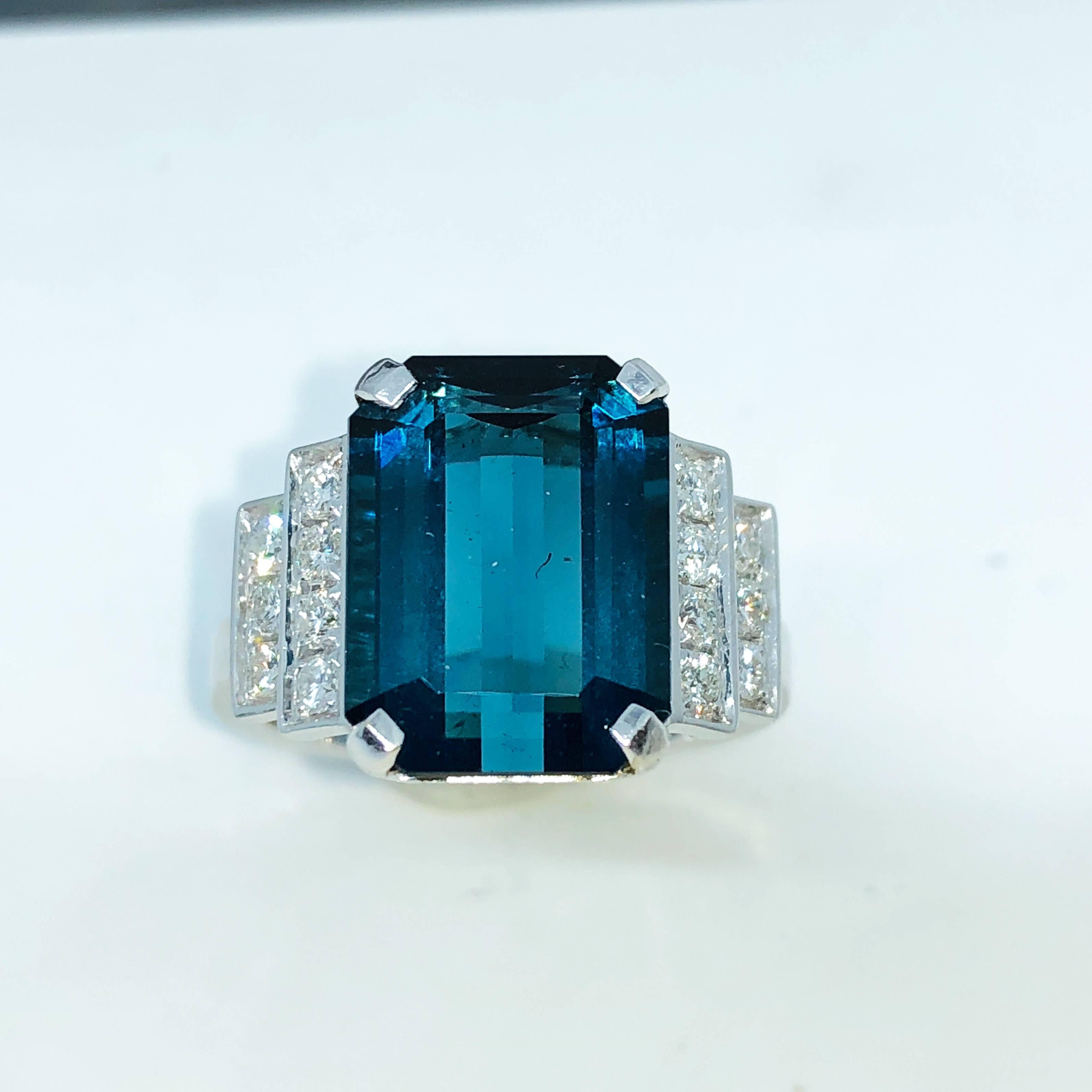 Berca GIA Certified 6.58 Karat Octagonal Cut Blue Tourmaline White Diamond Ring For Sale 1