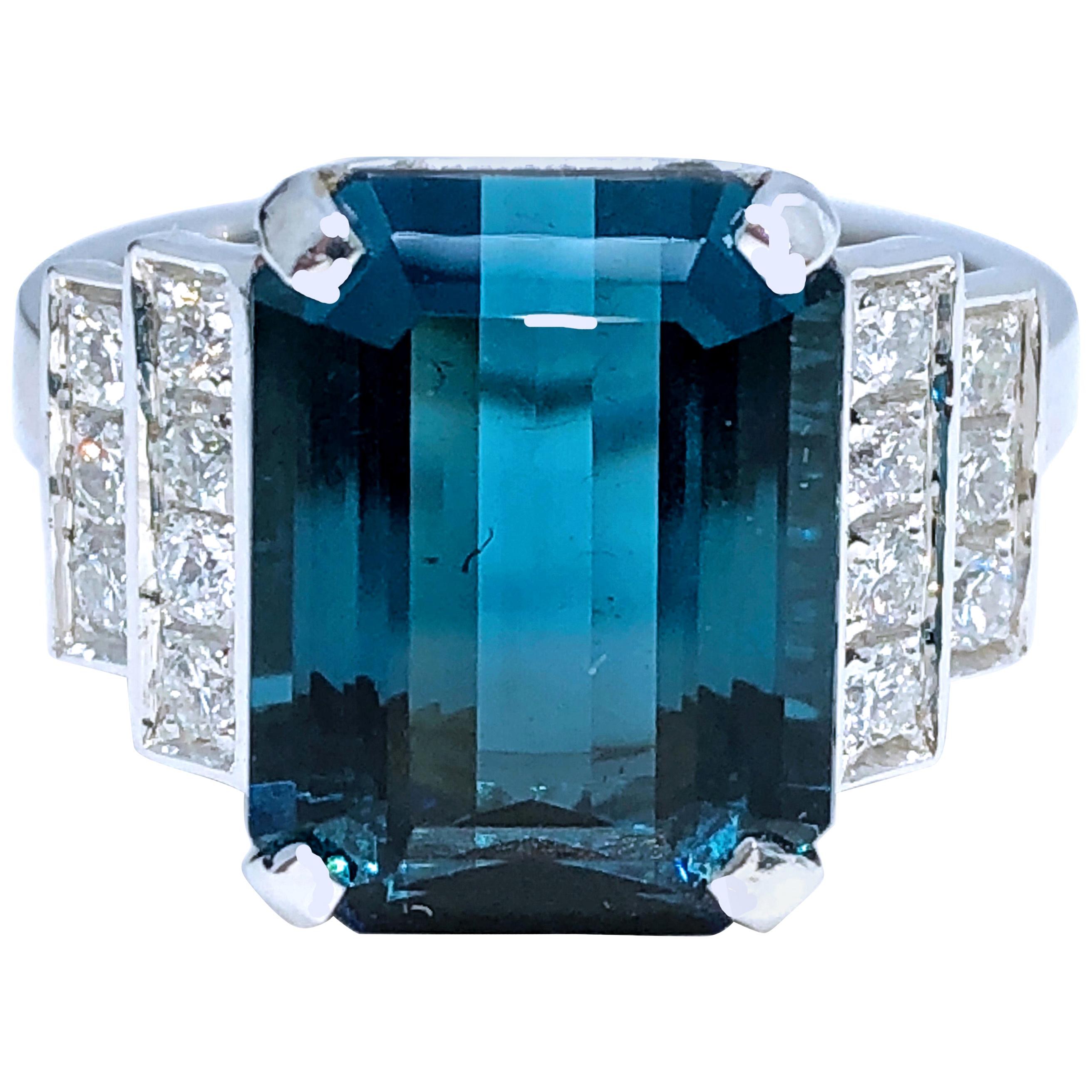 Berca GIA Certified 6.58 Karat Octagonal Cut Blue Tourmaline White Diamond Ring