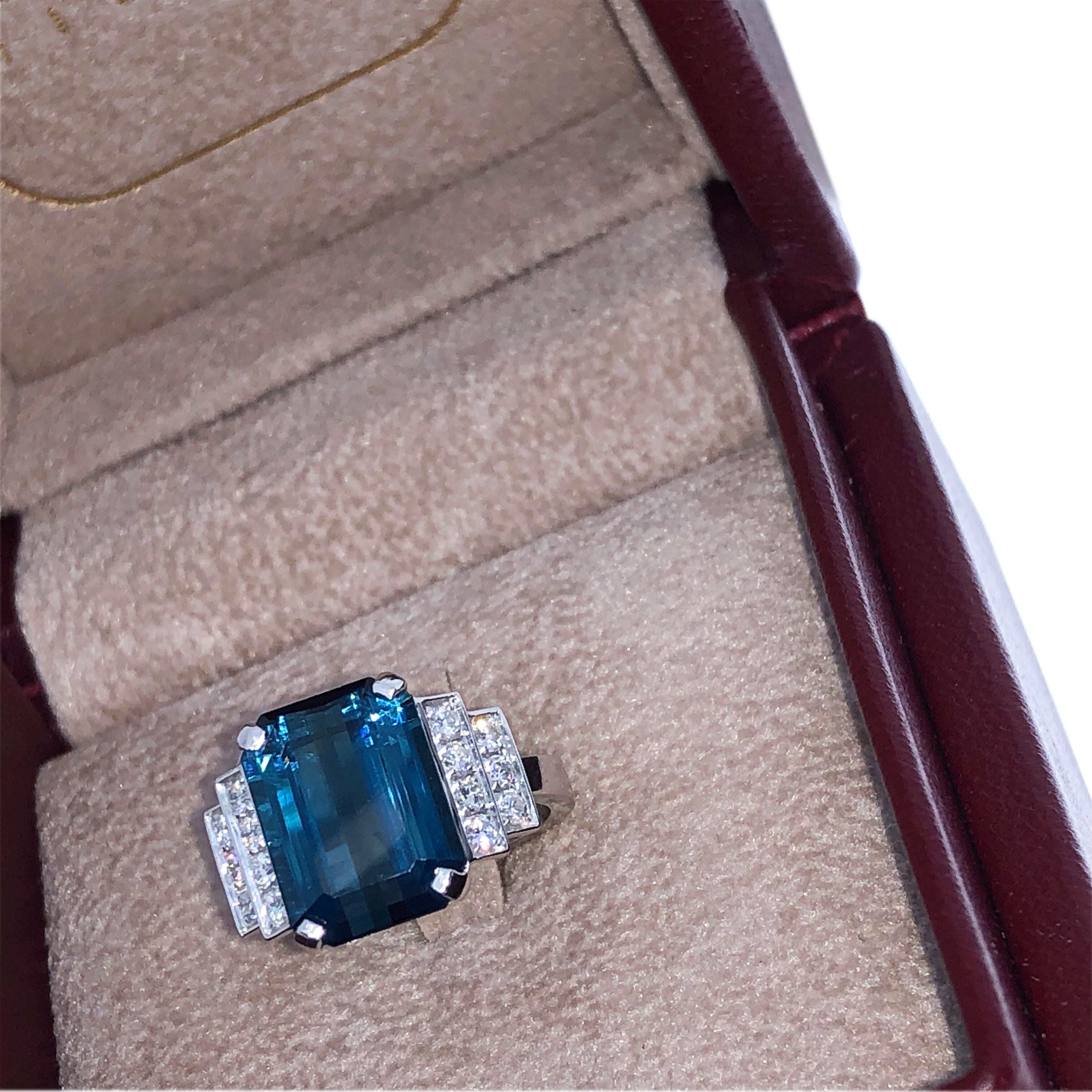 Berca GIA Certified 6.58 Karat Octagonal Cut Blue Tourmaline White Diamond Ring For Sale 5