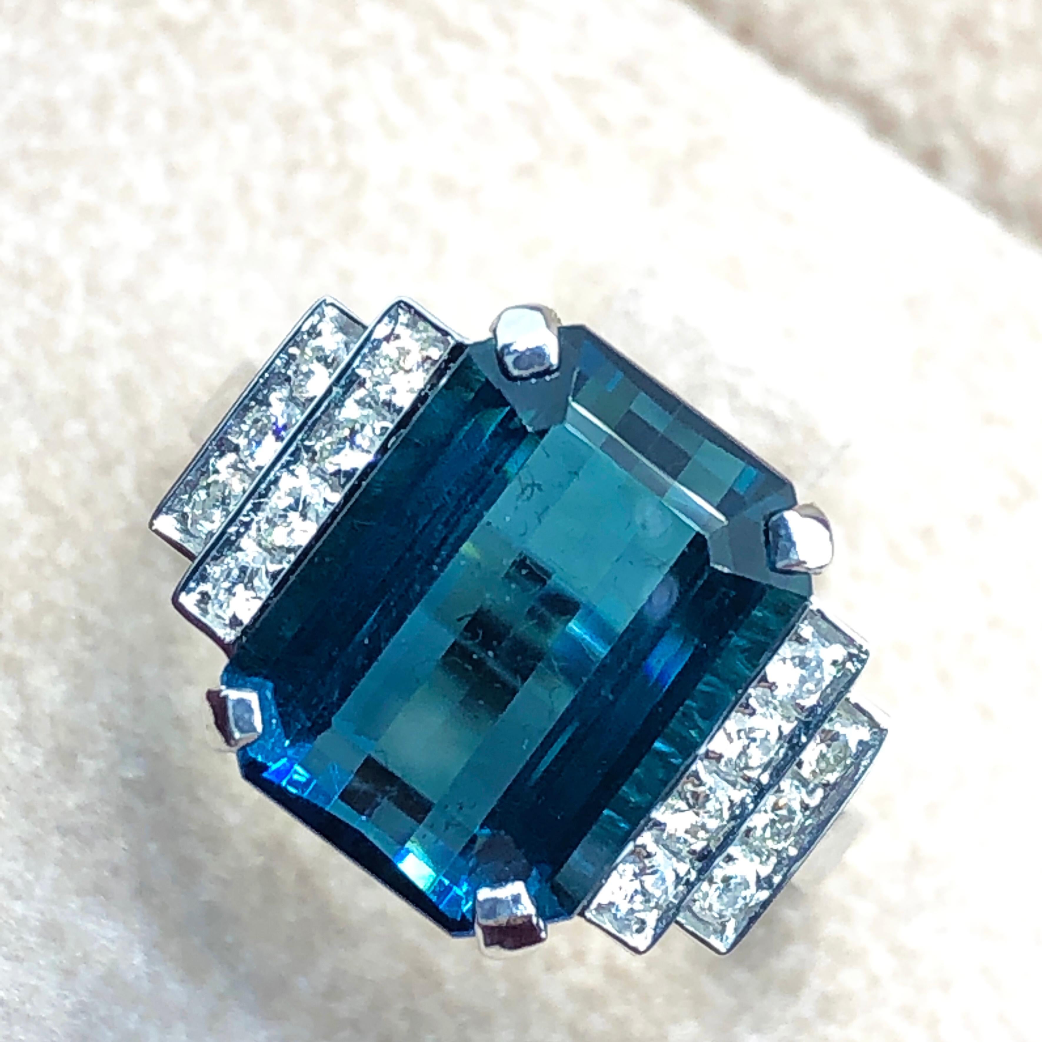 Berca GIA Certified 6.58 Karat Octagonal Cut Blue Tourmaline White Diamond Ring For Sale 6
