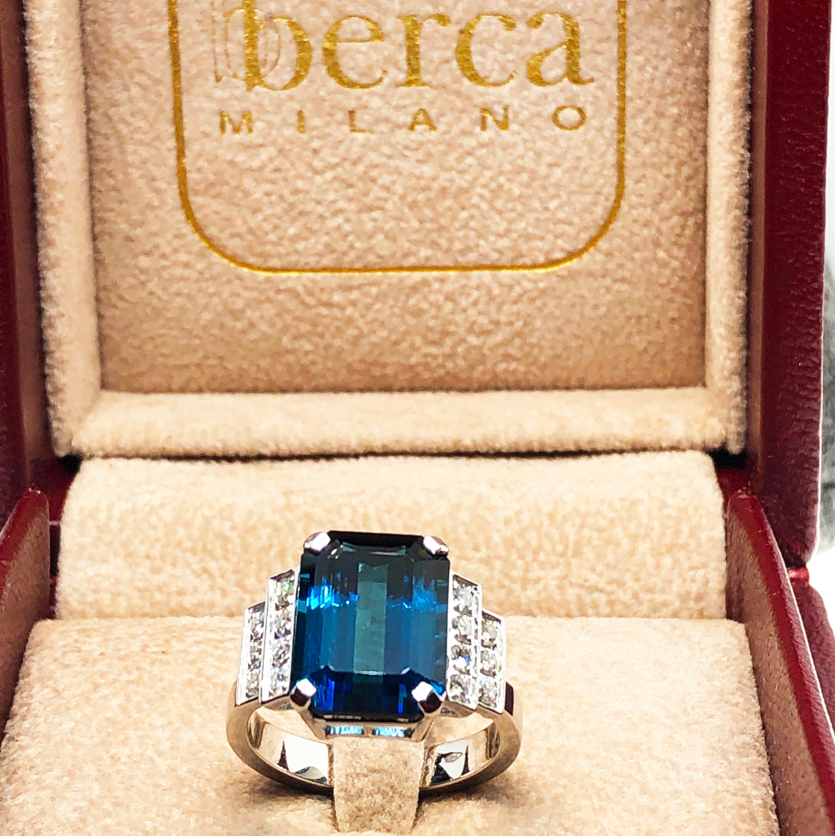 Berca GIA Certified 6.58 Karat Octagonal Cut Blue Tourmaline White Diamond Ring For Sale 7