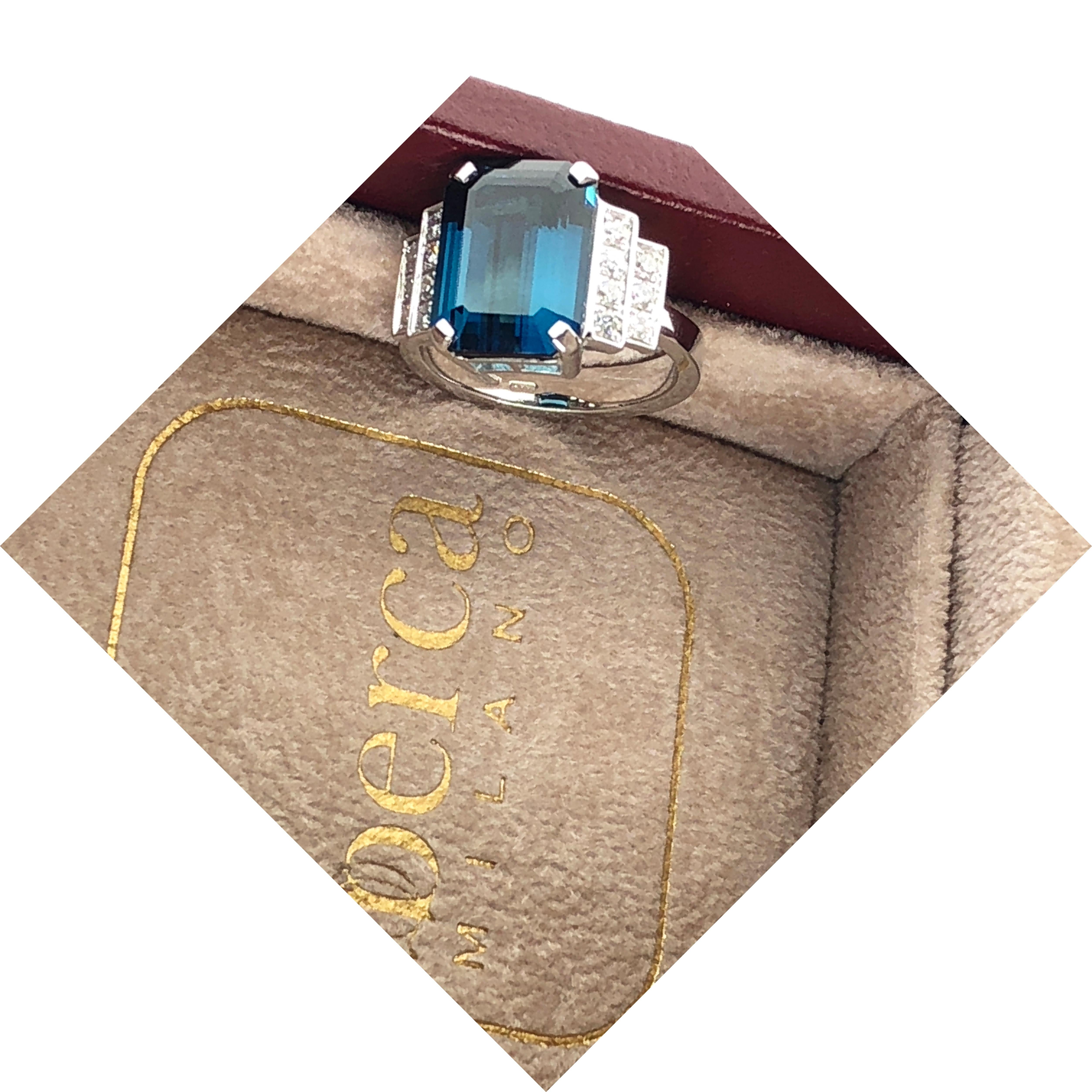 Berca GIA Certified 6.58 Karat Octagonal Cut Blue Tourmaline White Diamond Ring For Sale 8