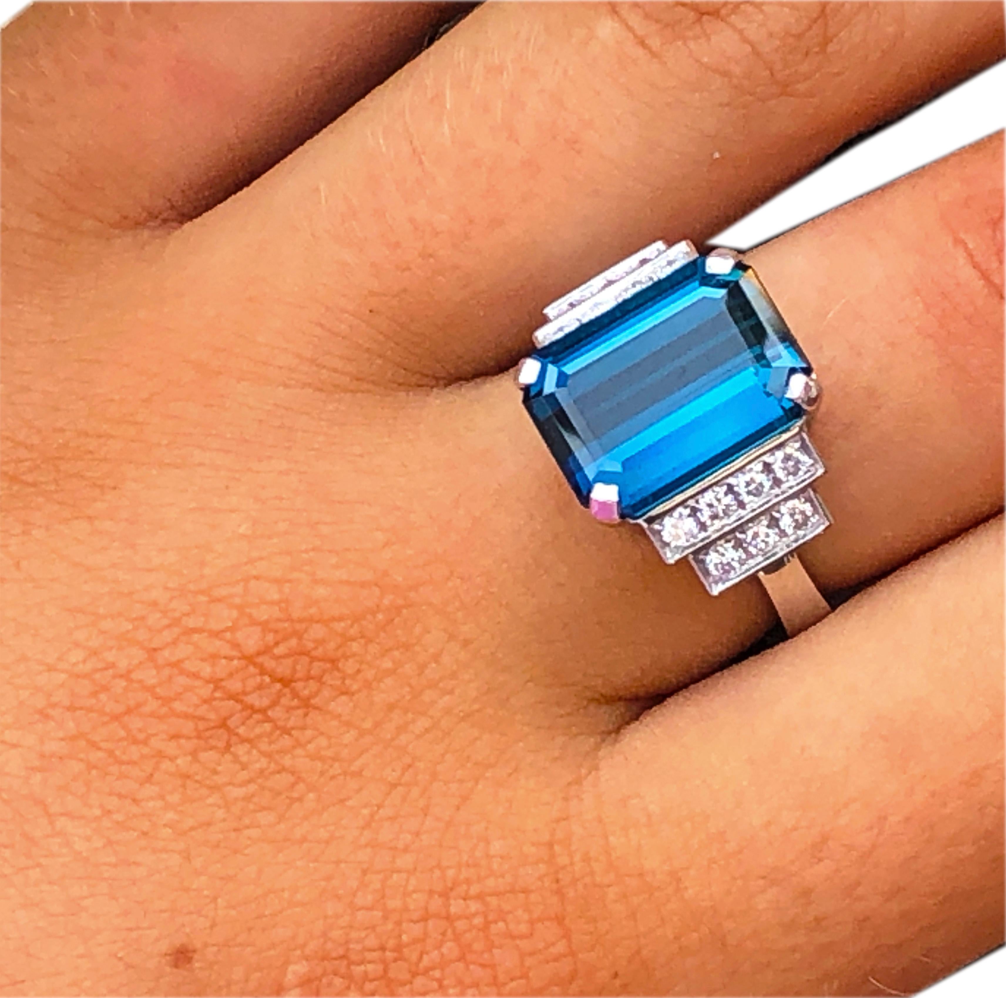 Berca GIA Certified 6.58 Karat Octagonal Cut Blue Tourmaline White Diamond Ring For Sale 9