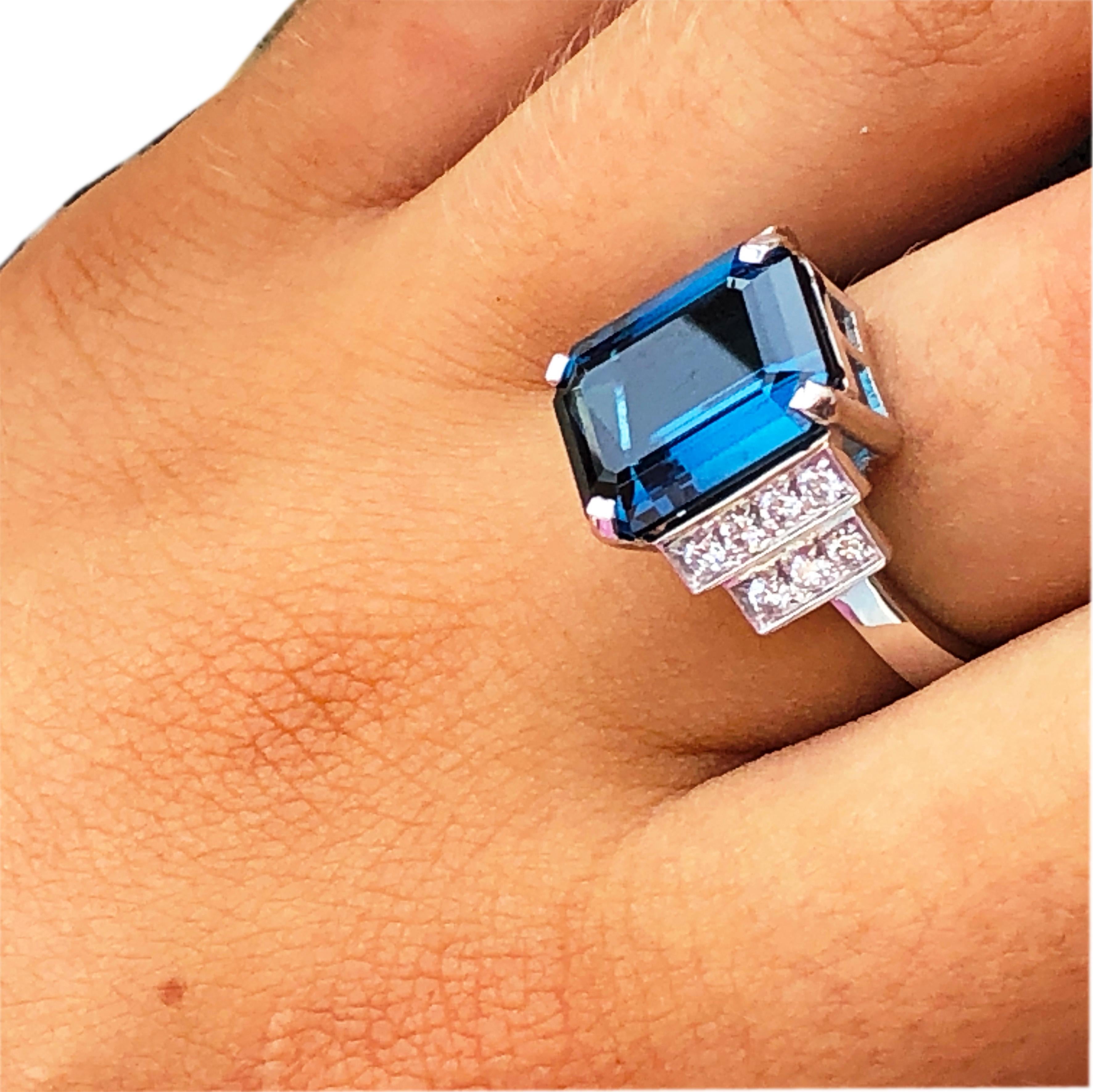 Berca GIA Certified 6.58 Karat Octagonal Cut Blue Tourmaline White Diamond Ring For Sale 10