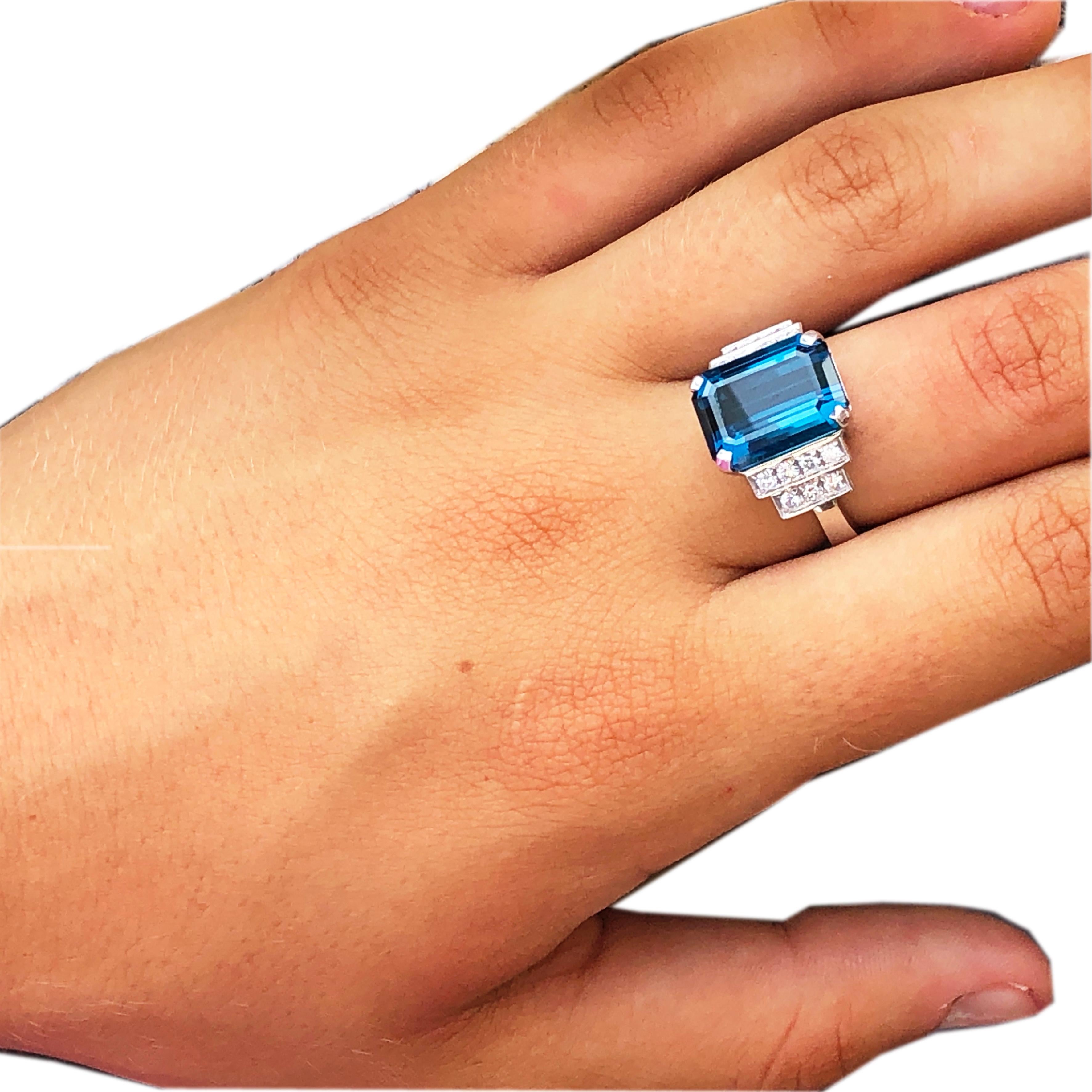 Berca GIA Certified 6.58 Karat Octagonal Cut Blue Tourmaline White Diamond Ring For Sale 11