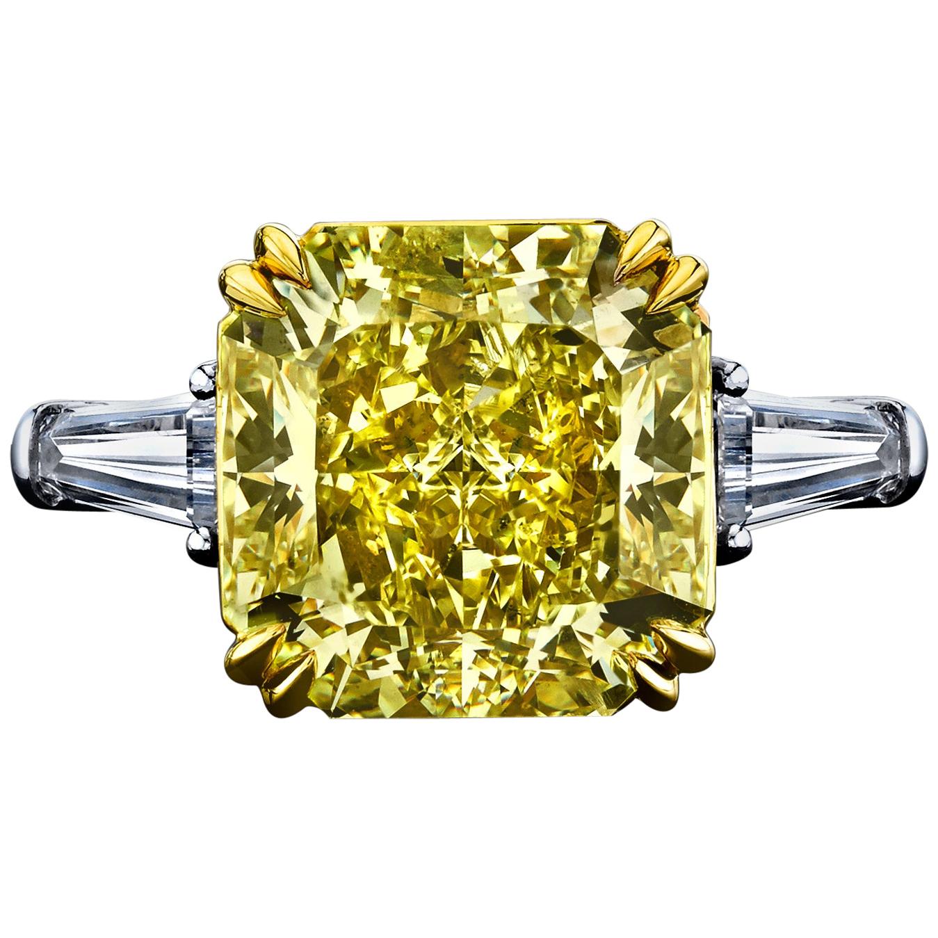 GIA Certified 5.07 Carat Radiant Fancy Yellow Diamond Ring For Sale