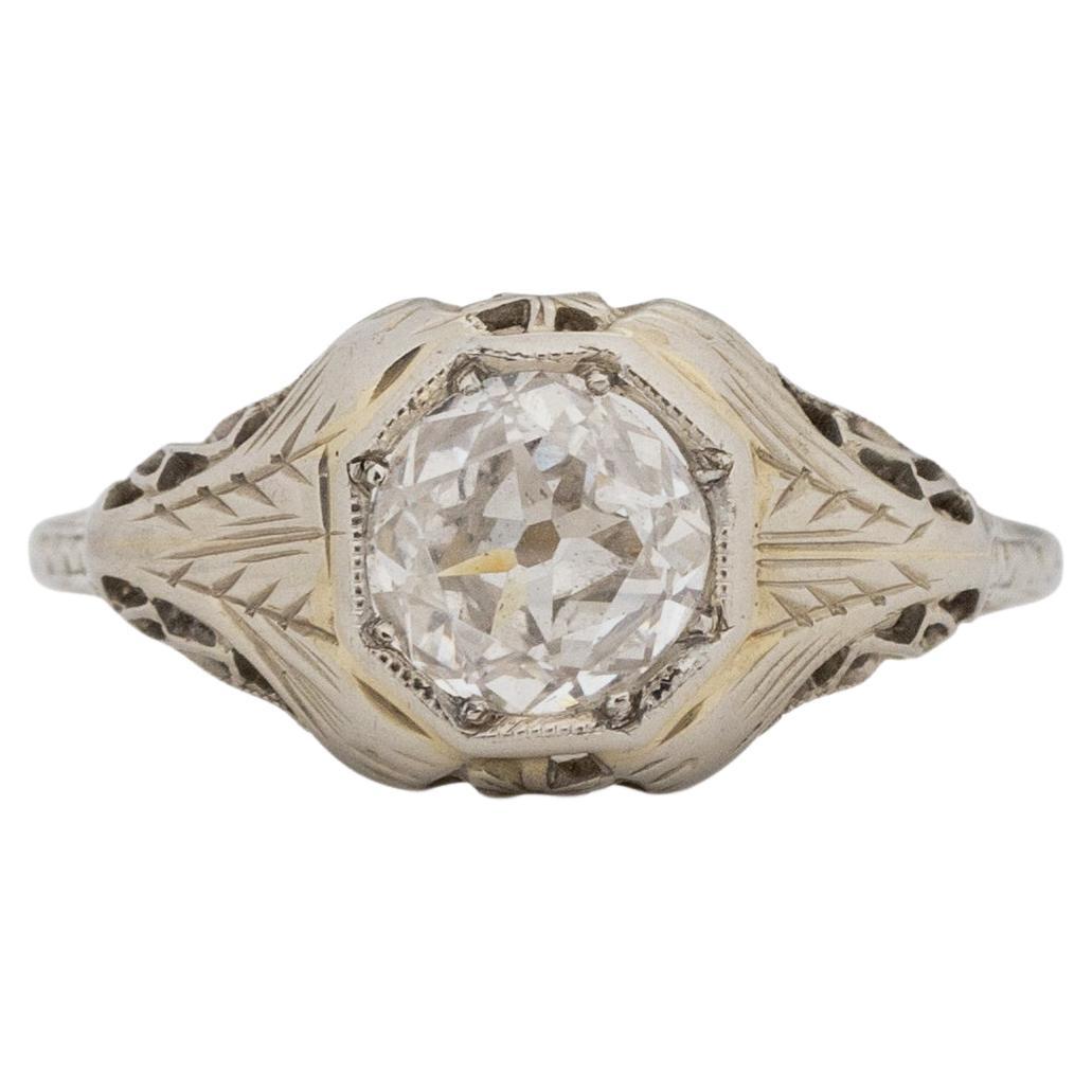 GIA Certified .66 Carat Art Deco Diamond 18 Karat White Gold Engagement Ring For Sale