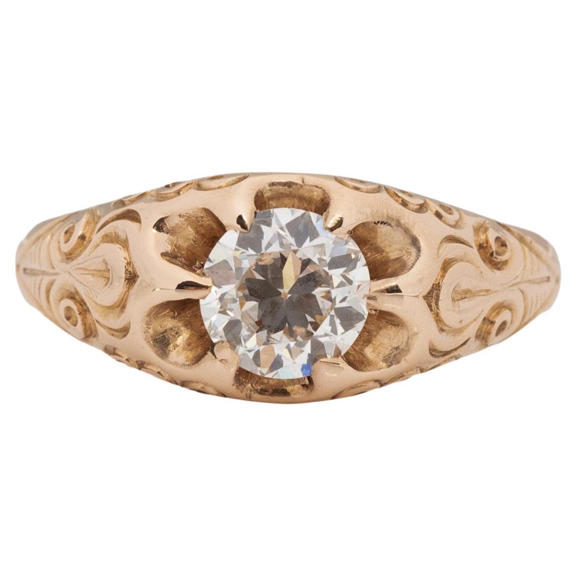 Bague de fiançailles en or jaune 14 carats avec diamant édouardien de 0,66 carat certifié par le GIA