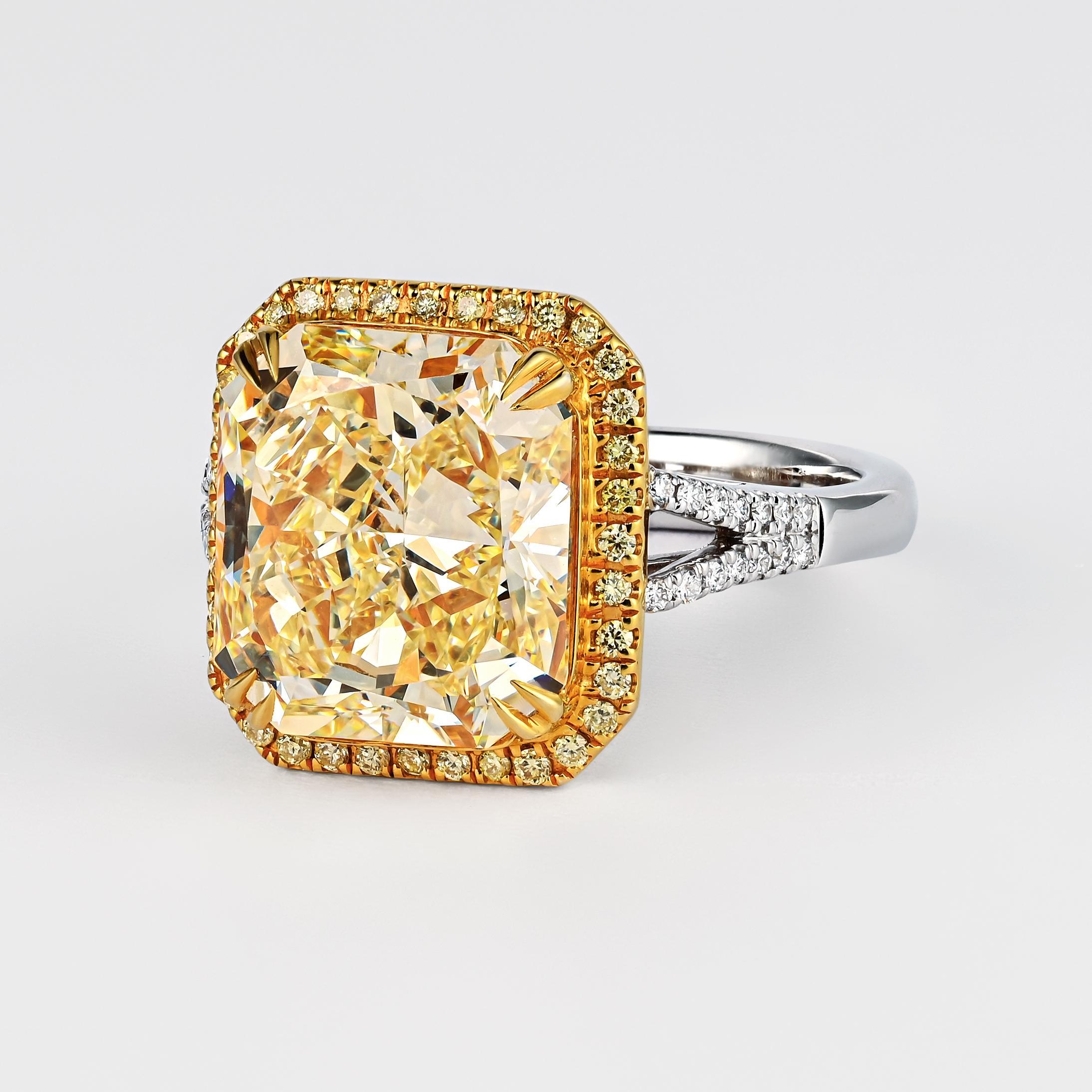 Modern GIA Certified 6.6 Carat Fancy Yellow Diamond 18K Gold Split Shank Ring For Sale