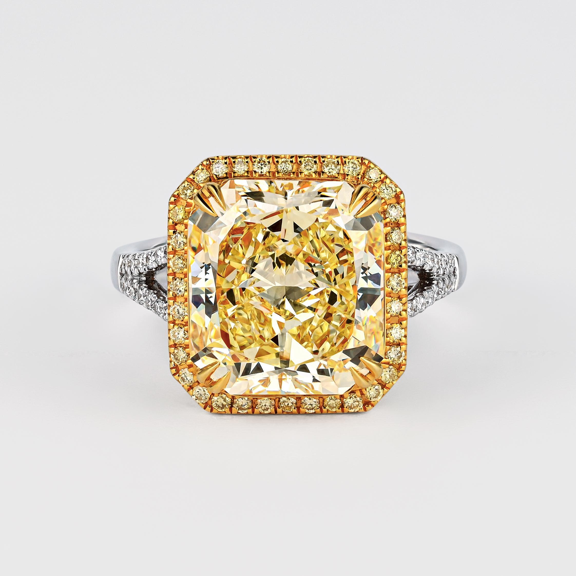 Radiant Cut GIA Certified 6.6 Carat Fancy Yellow Diamond 18K Gold Split Shank Ring For Sale