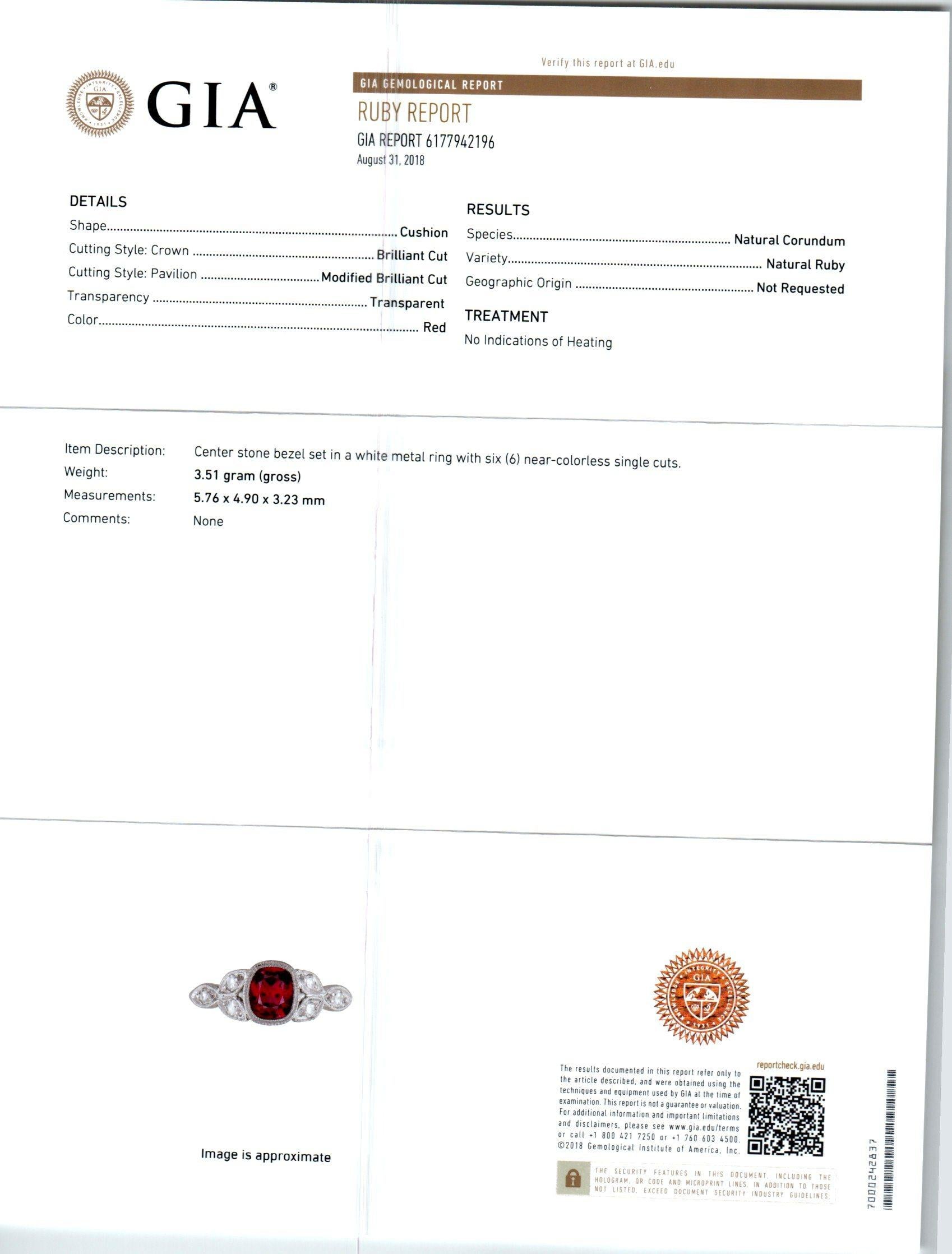 GIA Certified .66 Carat Ruby Diamond Art Deco Platinum Engagement Ring 4