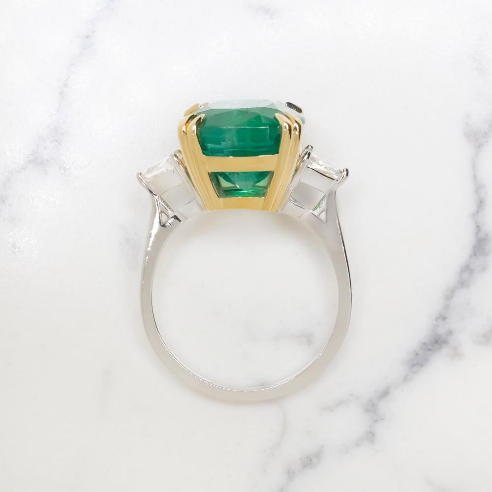 Emerald Cut GIA Certified 6.60 Carat Cushion Cut Green Emerald Trillion Diamond Ring