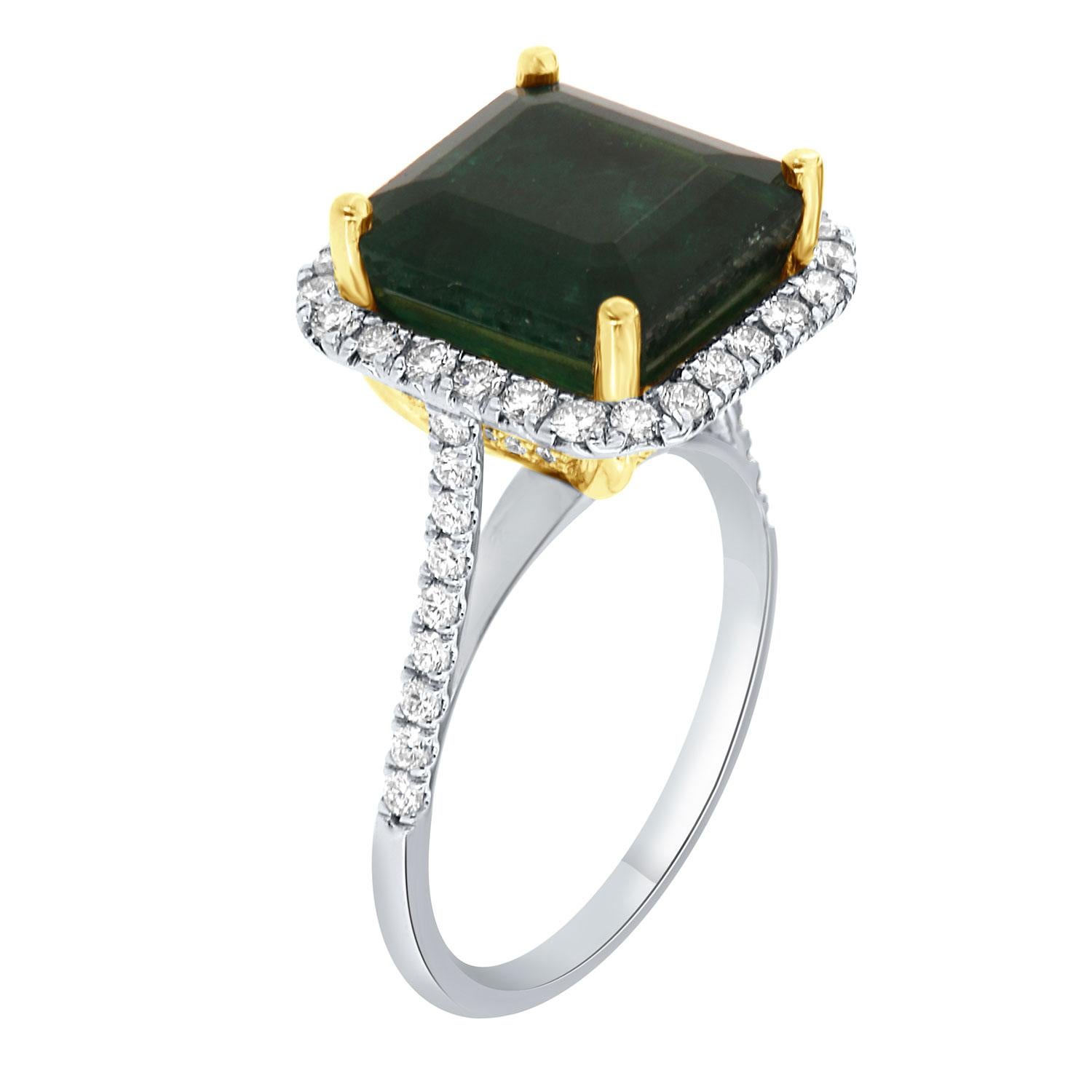This 14K White and Yellow gold ring feature a GIA Certified 6.61-Carat Asscher cut Natural Green Emerald from Zambia. A halo of brilliant round diamonds encircles the emerald. Three rows of diamonds Micro-Prong set underneath the halo on the yellow