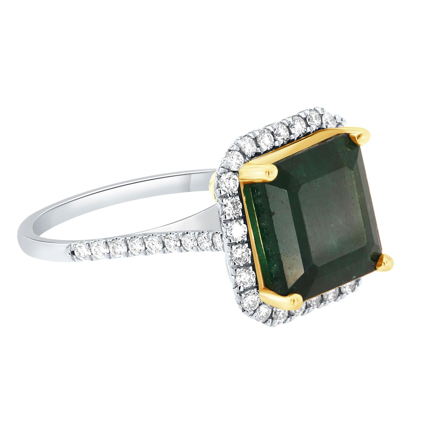 GIA-zertifizierter 6,61 Karat Asscher Grüner Smaragd Halo 14k Zweifarbiger Diamantring (Asscher-Schliff) im Angebot