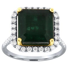 GIA Certified 6.61 Carat Asscher Green Emerald Halo 14k Two Tone Diamond Ring