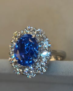 GIA Certified 6.61 Carat Ceylon No Heat Blue Sapphire White Diamond Gold Ring