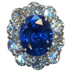 GIA Certified 6.61 Carat Ceylon No Heat Blue Sapphire White Diamond Gold Ring