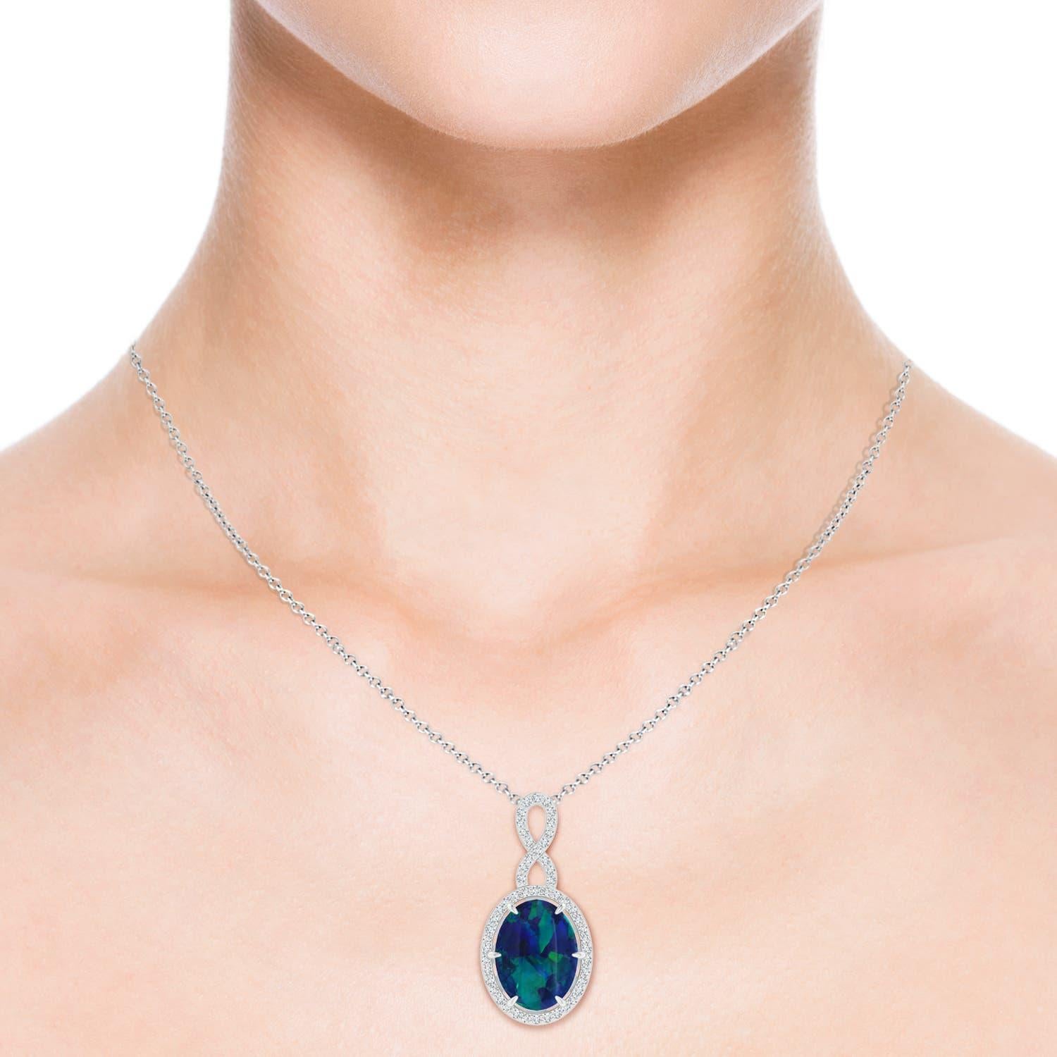 Oval Cut GIA Certified 6.62 ct Black Opal Pendant with Infinity Bale in 14K White Gold