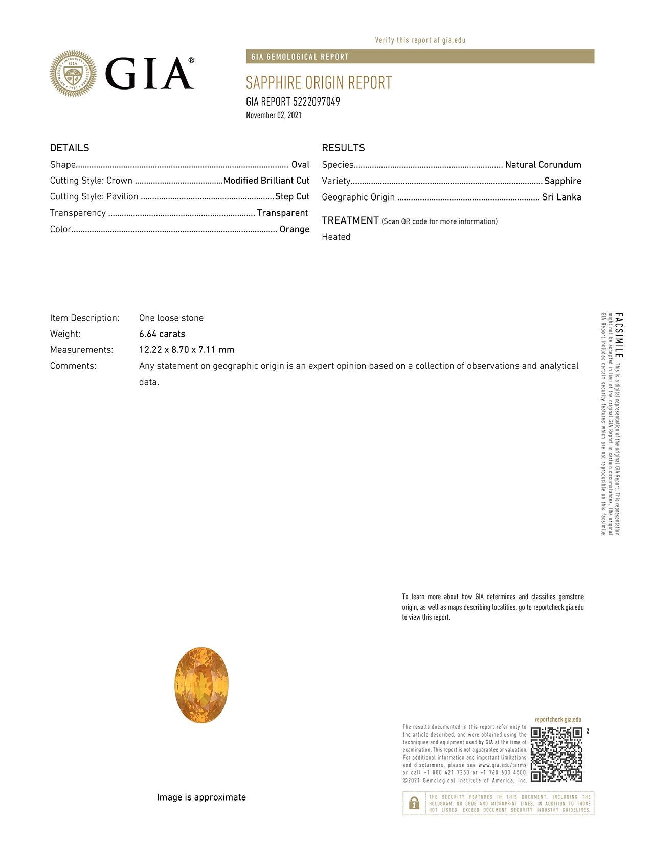 GIA-zertifizierter 6,64 Karat Ovalschliff Orange Saphir mit Diamant Halo Mode-Ring im Angebot 3