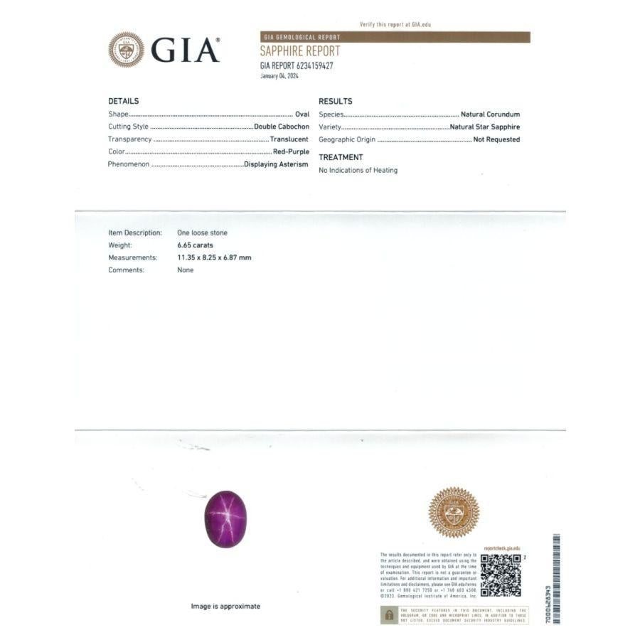 Explorez le charme du saphir étoilé naturel violet de 6,65 carats, une pierre précieuse de taille ovale avec une coupe Brilliant/Step, mesurant 11,35 x 8,25 x 6,87 mm. Authentifié par un rapport de la GIA, son statut non chauffé préserve sa beauté