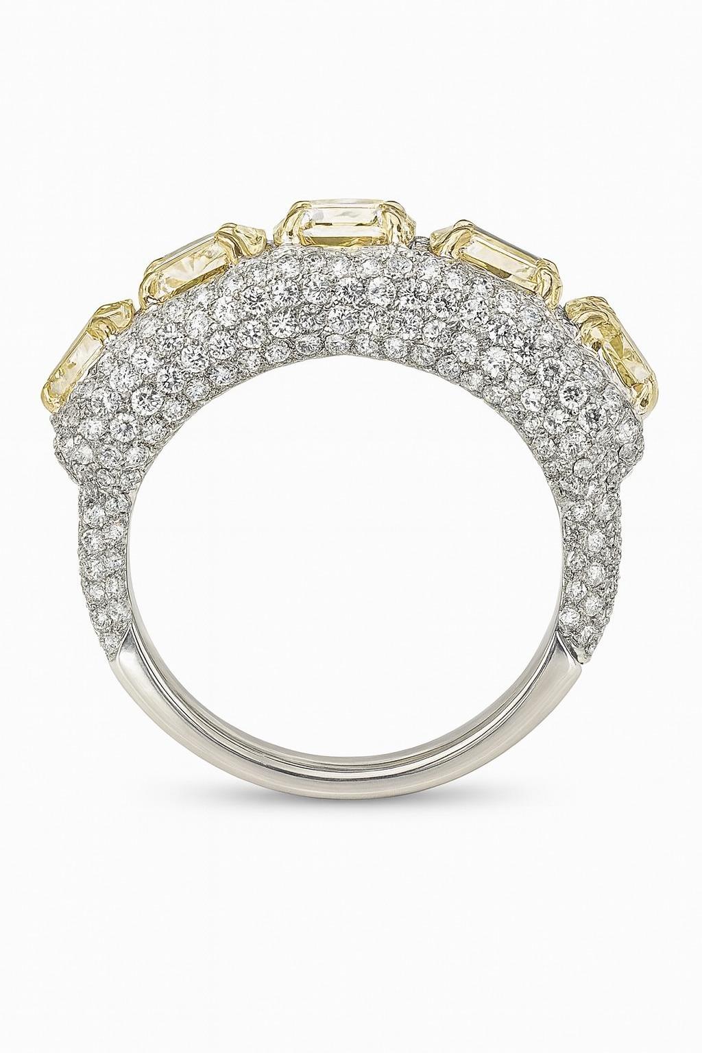 GIA Certified 66.60 Carat Fancy Yellow and White Diamond Necklace, Ring Earrings For Sale 5