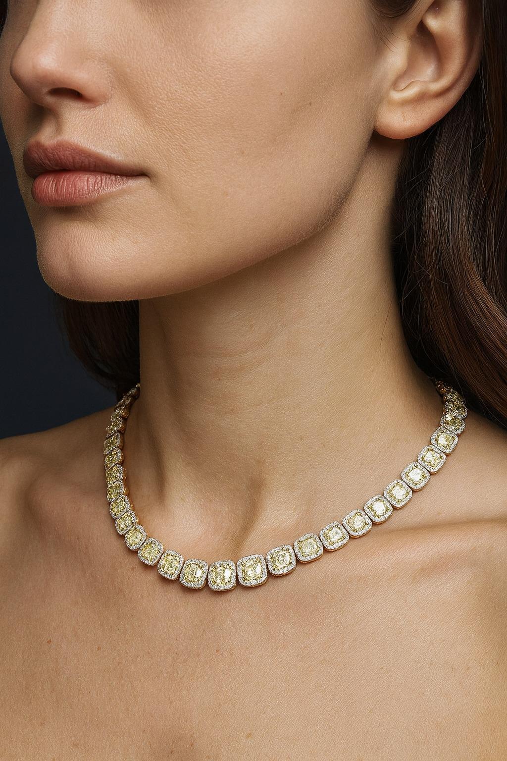 GIA Certified 66.60 Carat Fancy Yellow and White Diamond Necklace, Ring Earrings In Excellent Condition For Sale In Chicago, IL