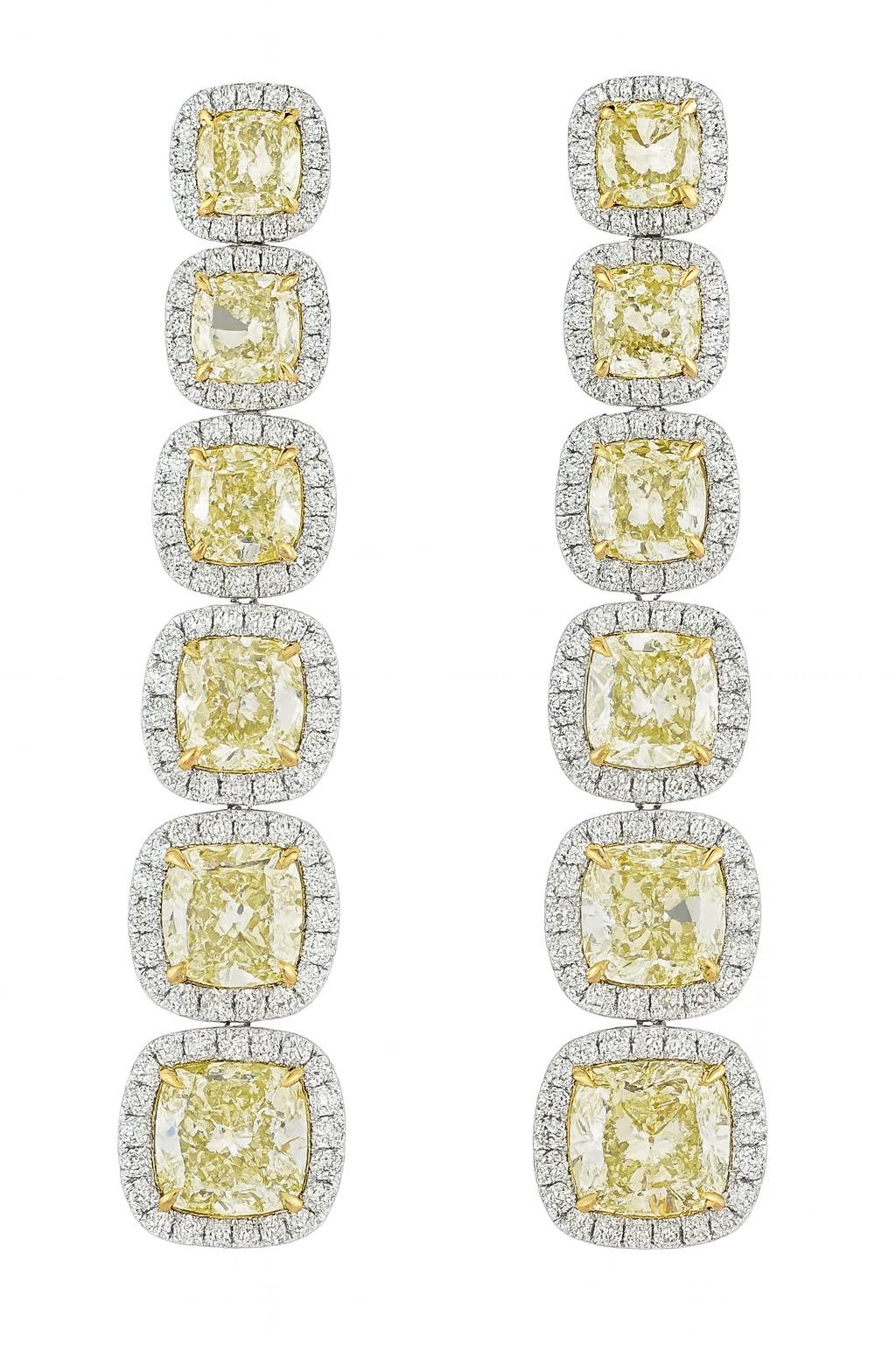 GIA Certified 66.60 Carat Fancy Yellow and White Diamond Necklace, Ring Earrings For Sale 1