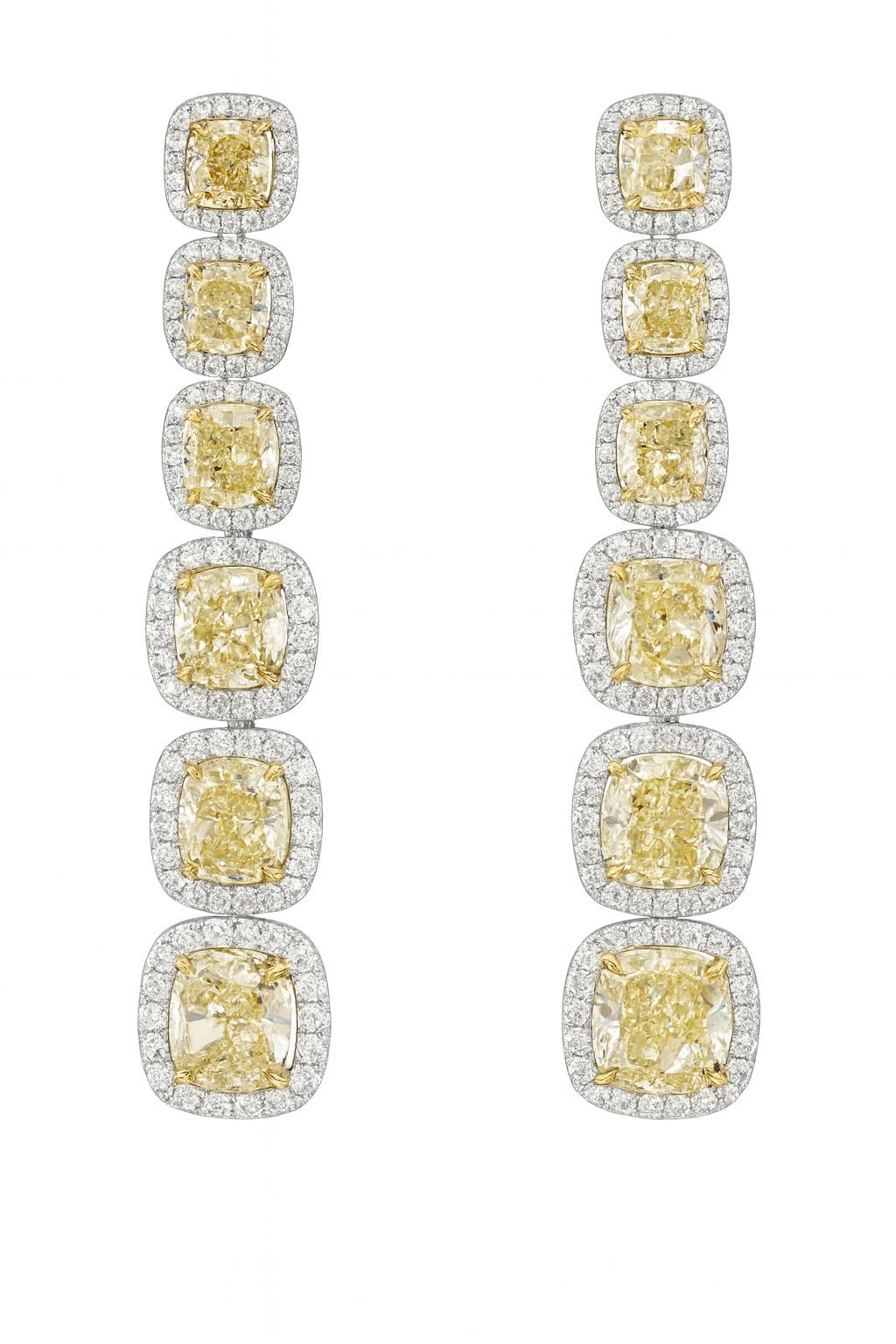 GIA Certified 66.60 Carat Fancy Yellow and White Diamond Necklace, Ring Earrings For Sale 2