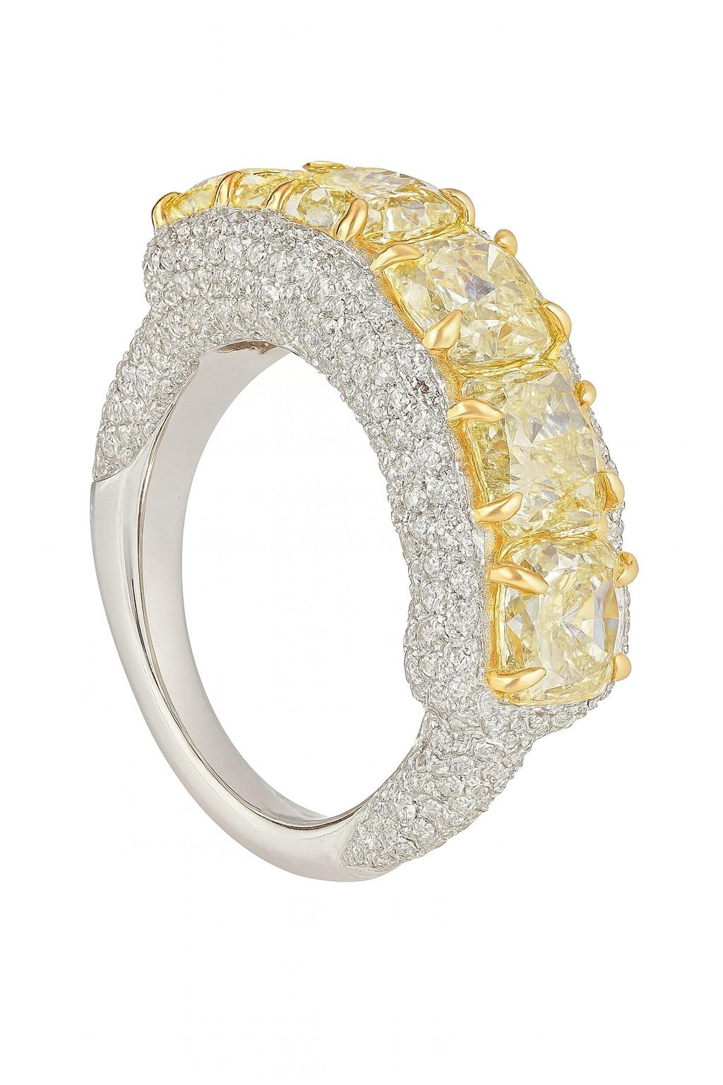 GIA Certified 66.60 Carat Fancy Yellow and White Diamond Necklace, Ring Earrings For Sale 4