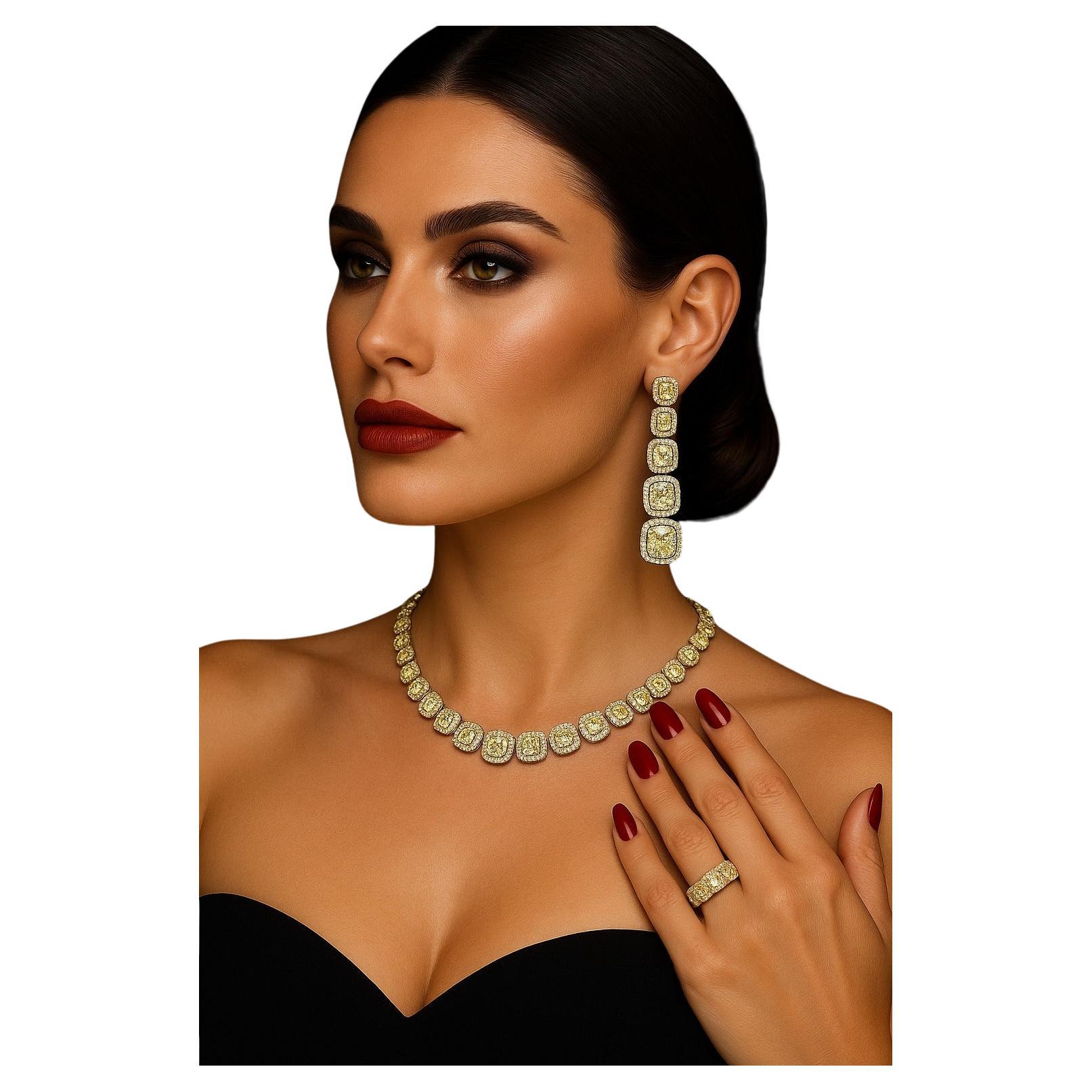 GIA Certified 66.60 Carat Fancy Yellow and White Diamond Necklace, Ring Earrings For Sale