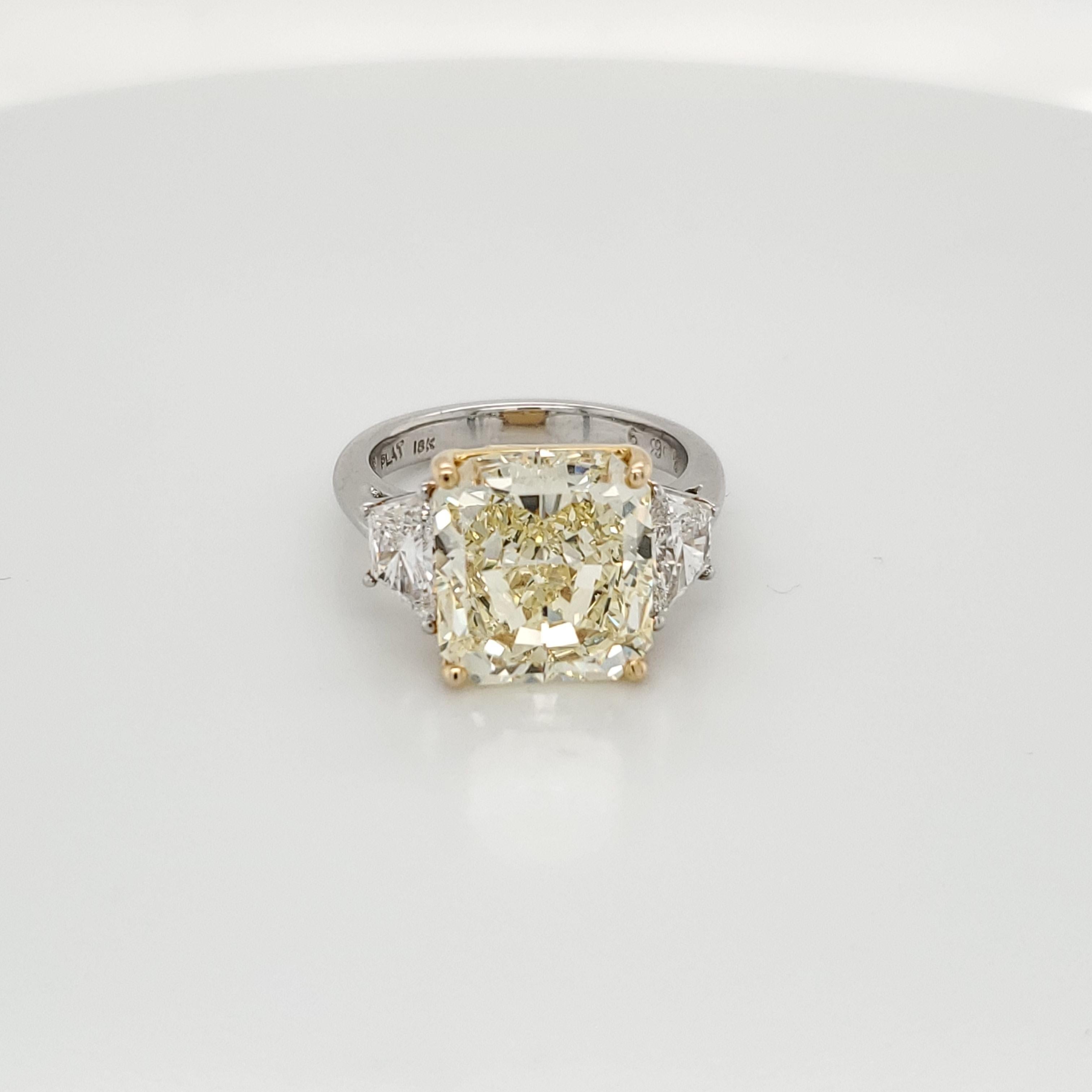 Radiant Cut GIA Certified 6.69 Carat Internally Flawless Fancy Yellow Three-Stone Ring