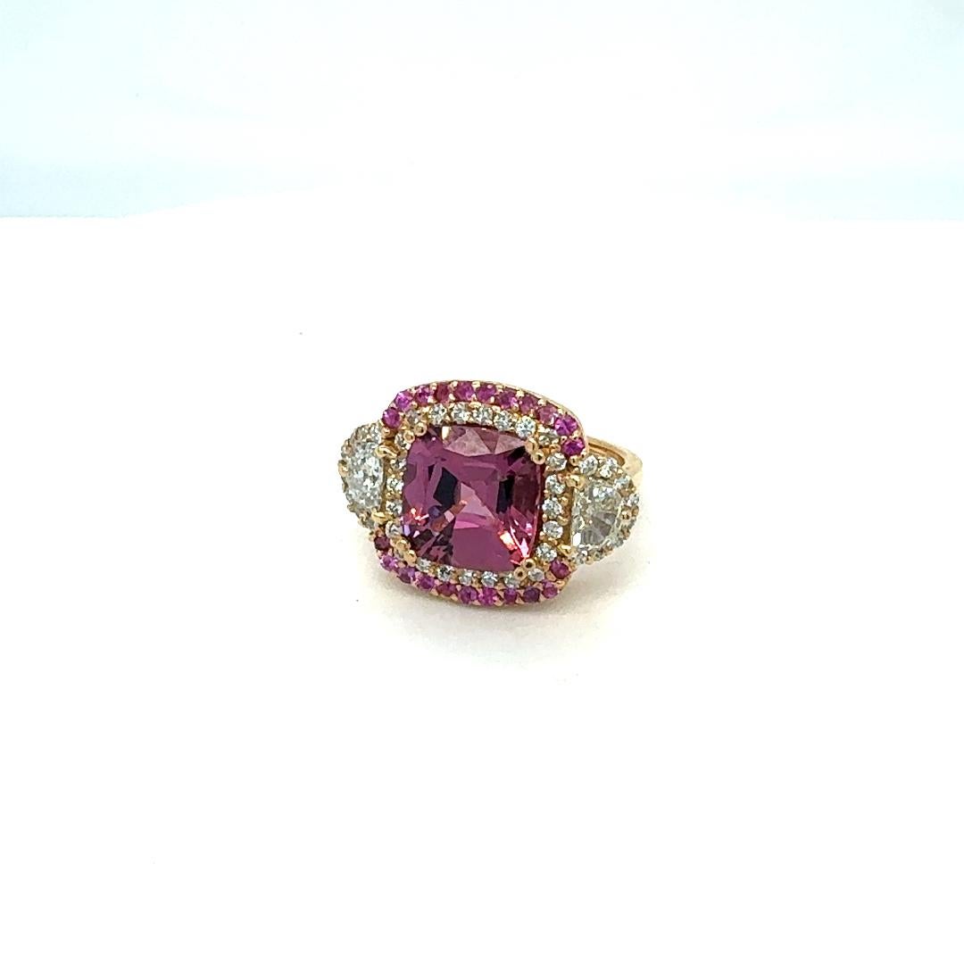 GIA Certified 6.69 Carat No Heat Spinel Diamond 18 Karat Gold Three-Stone Ring For Sale 6