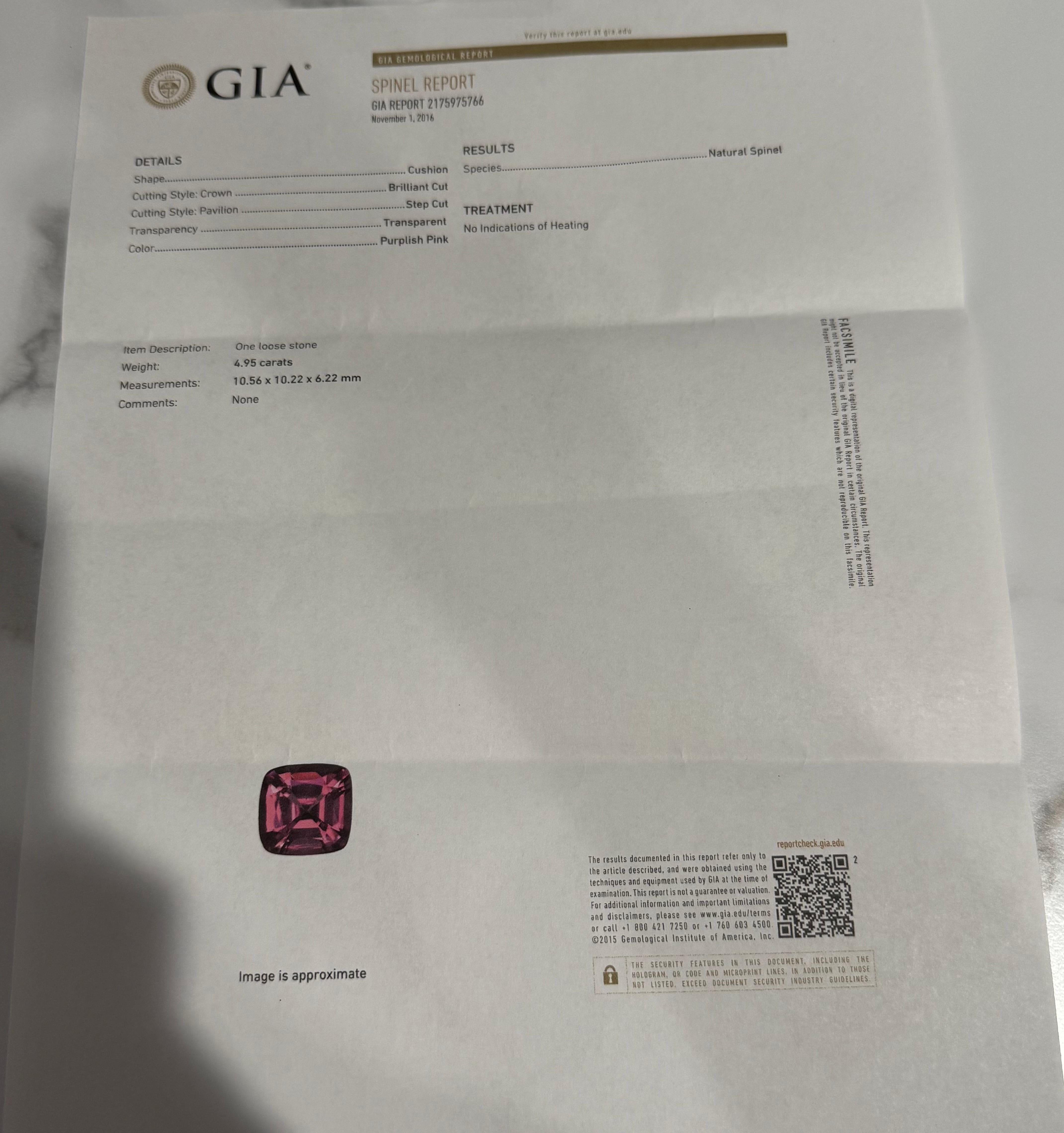 GIA Certified 6.69 Carat No Heat Spinel Diamond 18 Karat Gold Three-Stone Ring For Sale 8