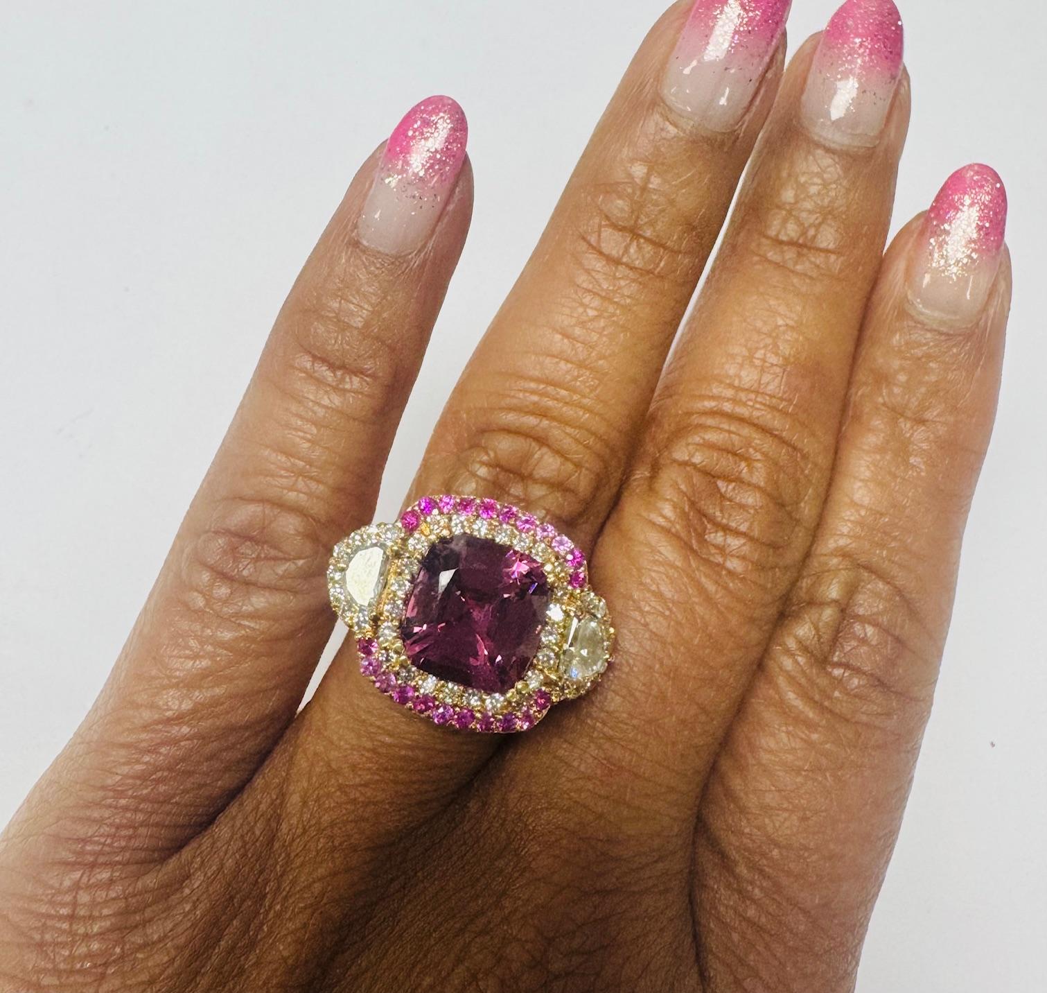 Cushion Cut GIA Certified 6.69 Carat No Heat Spinel Diamond 18 Karat Gold Three-Stone Ring For Sale