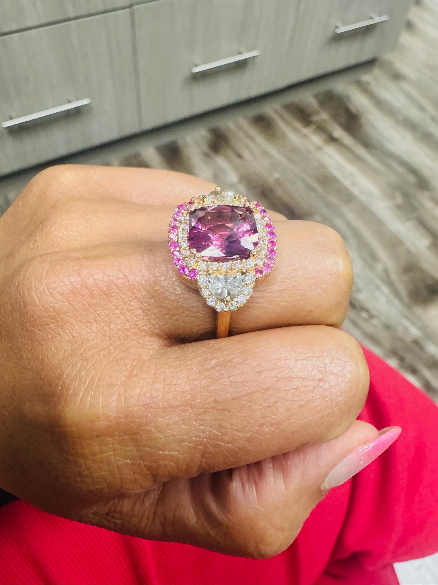 GIA Certified 6.69 Carat No Heat Spinel Diamond 18 Karat Gold Three-Stone Ring For Sale 2