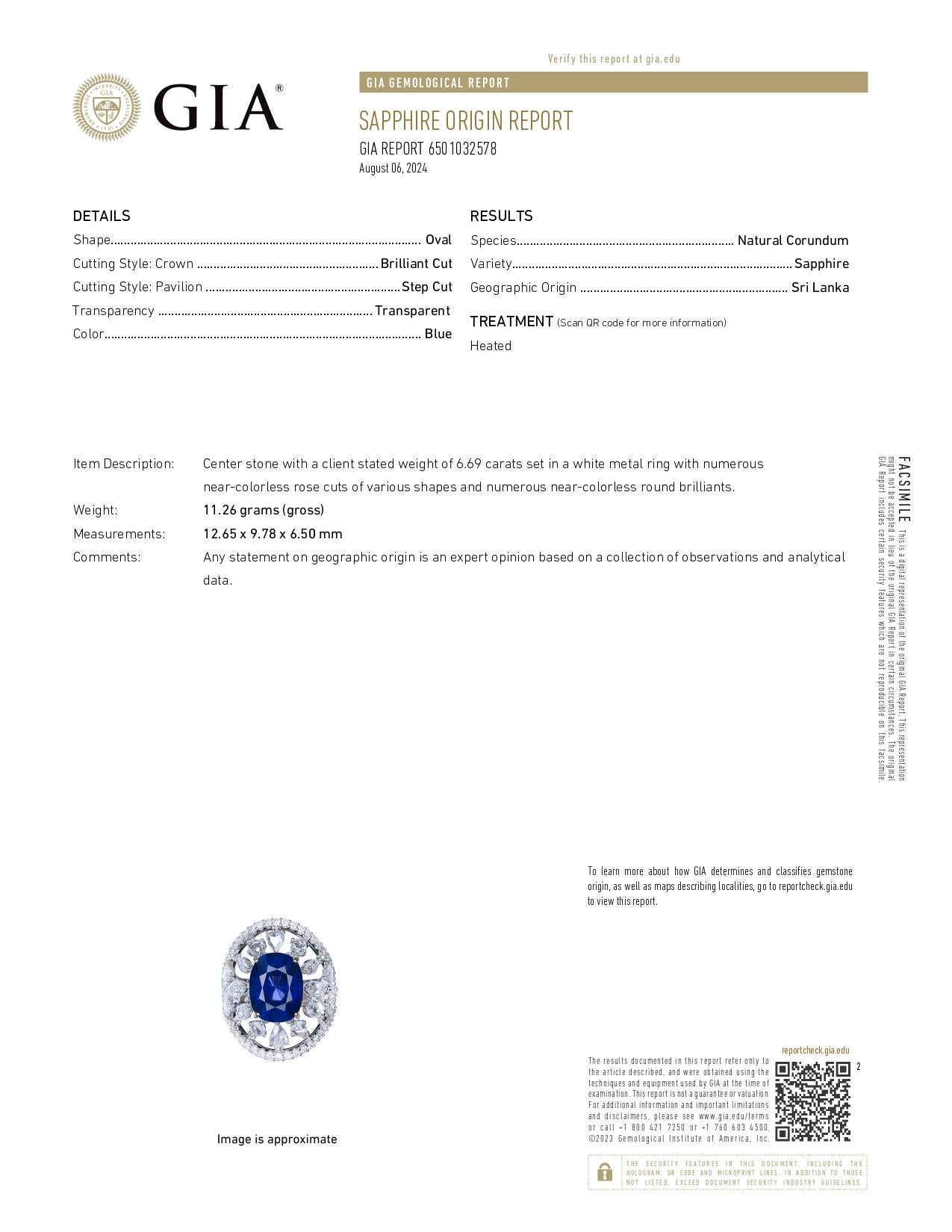 Women's or Men's GIA Certified 6.69 Carat Sri Lanka Heated Blue Sapphire Ring in 18 Karat Gold For Sale
