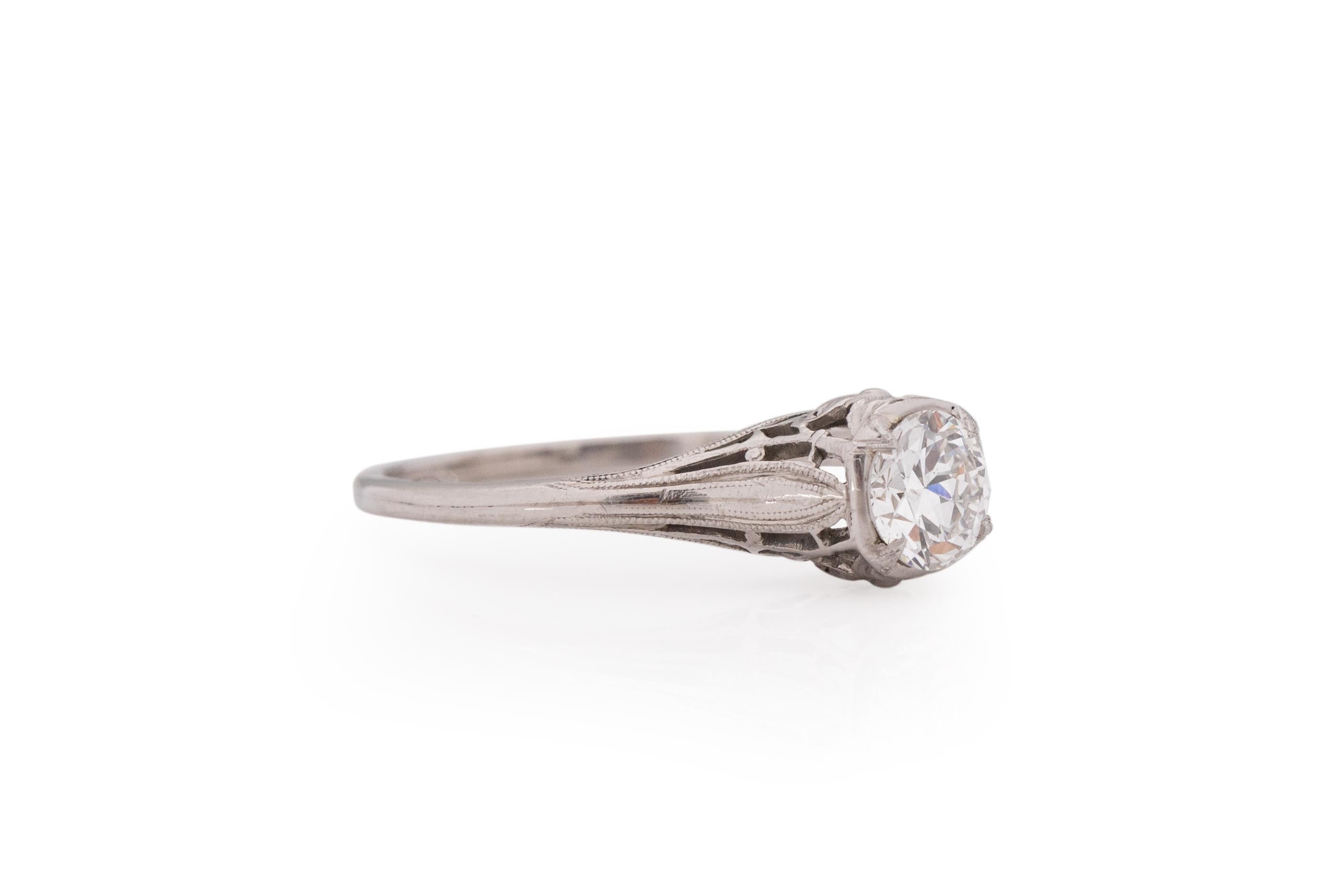 Ring Size: 8.25
Metal Type: Platinum [Hallmarked, and Tested]
Weight: 3.4 grams

Center Diamond Details:
GIA REPORT #: 2376913565
Weight: .67 carat
Cut: Old European brilliant
Color: G
Clarity: SI2
Measurements: 5.63mm x 5.48 x 3.47mm

Finger to Top