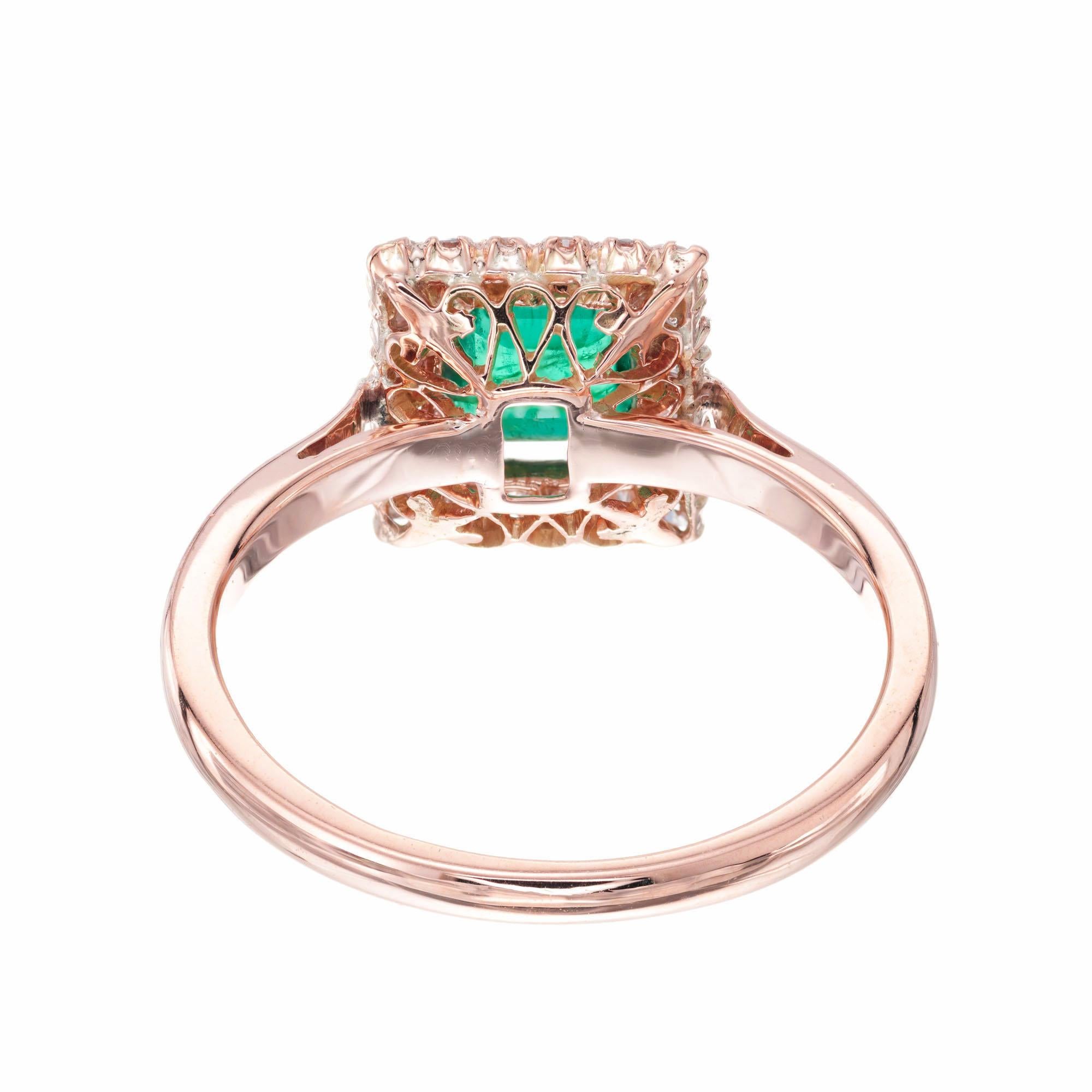 GIA Certified .67 Carat Emerald Diamond Halo Rose Gold Engagement Ring In Excellent Condition For Sale In Stamford, CT