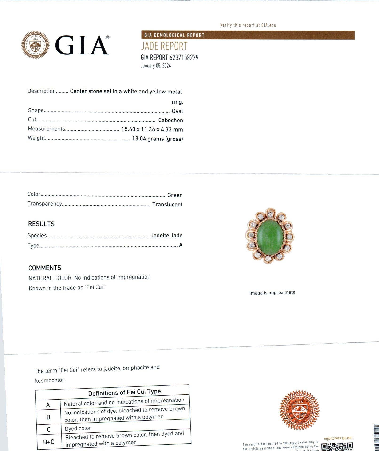 Women's GIA Certified 6.7 Carat Jadeite Jade Diamond Yellow Gold Ring For Sale