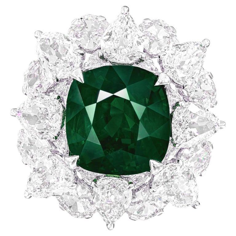 Taglio cuscino GIA Certified 6.71 Carat COLOMBIAN Emerald Diamond Platinum Ring in vendita