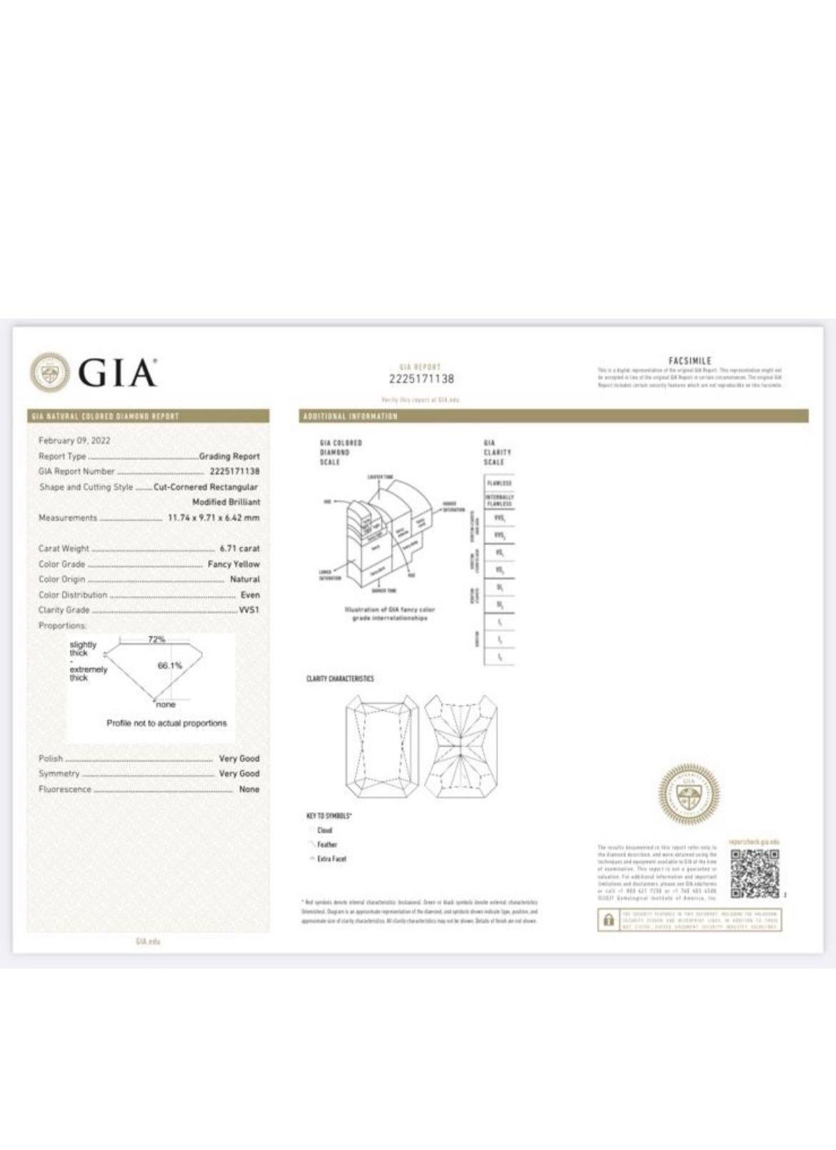 Taille radiant Bague de fiançailles avec diamant jaune taille radiant de 6,71 carats certifié GIA en vente